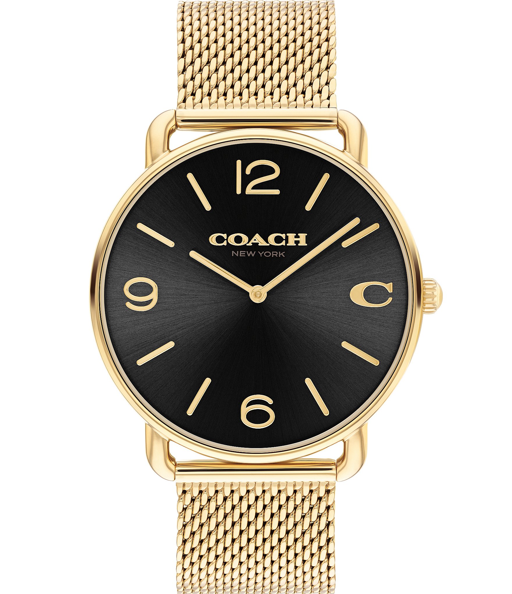 COACH Men s Elliot Quartz Analog Black Dial Gold Mesh Bracelet