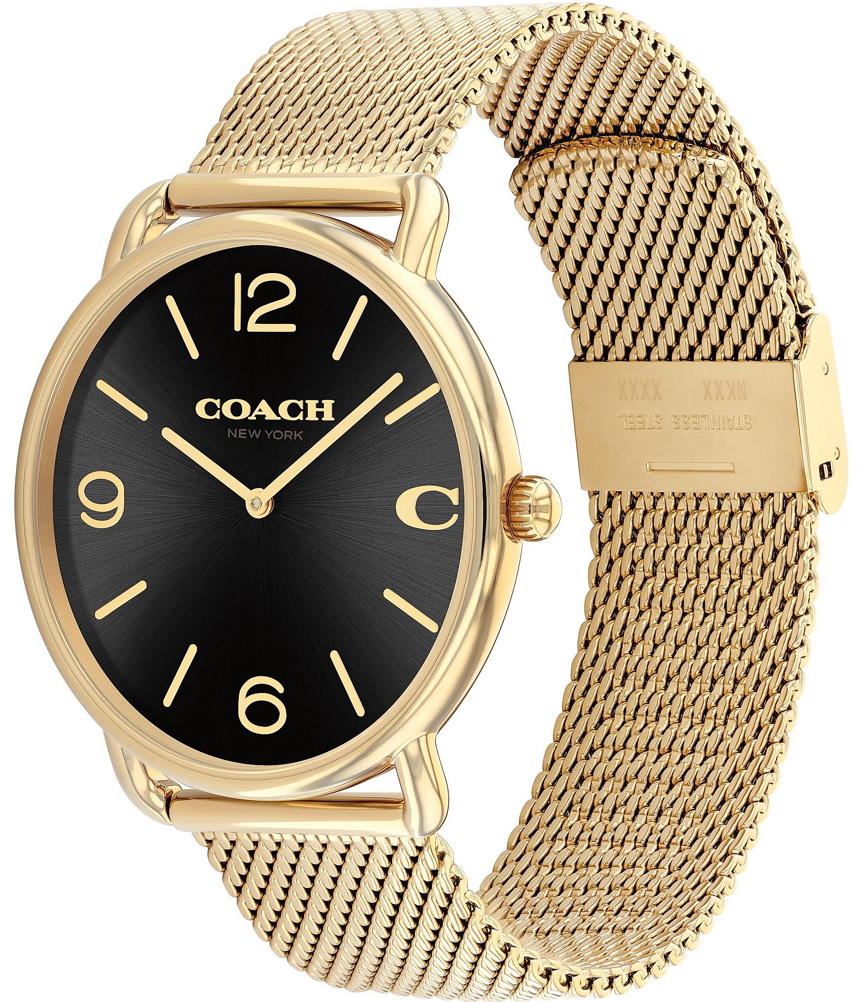 COACH Men's Elliot Quartz Analog Black Dial Gold Mesh Bracelet Watch