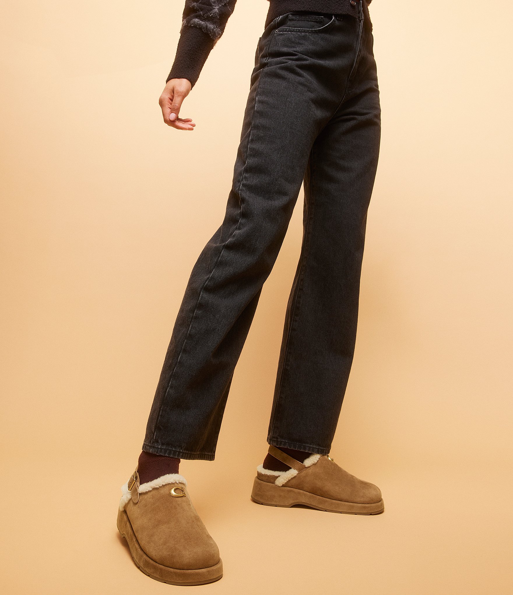 COACH Sculpted C Shearling and Suede Slingback Platform Clogs