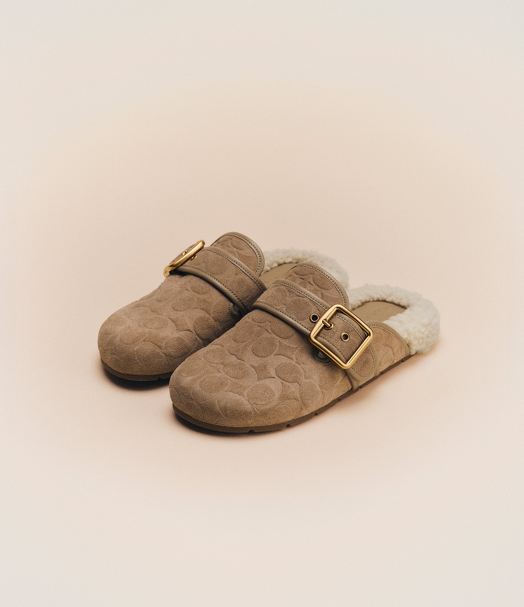 COACH Shearling Leather Buckle Logo Clogs