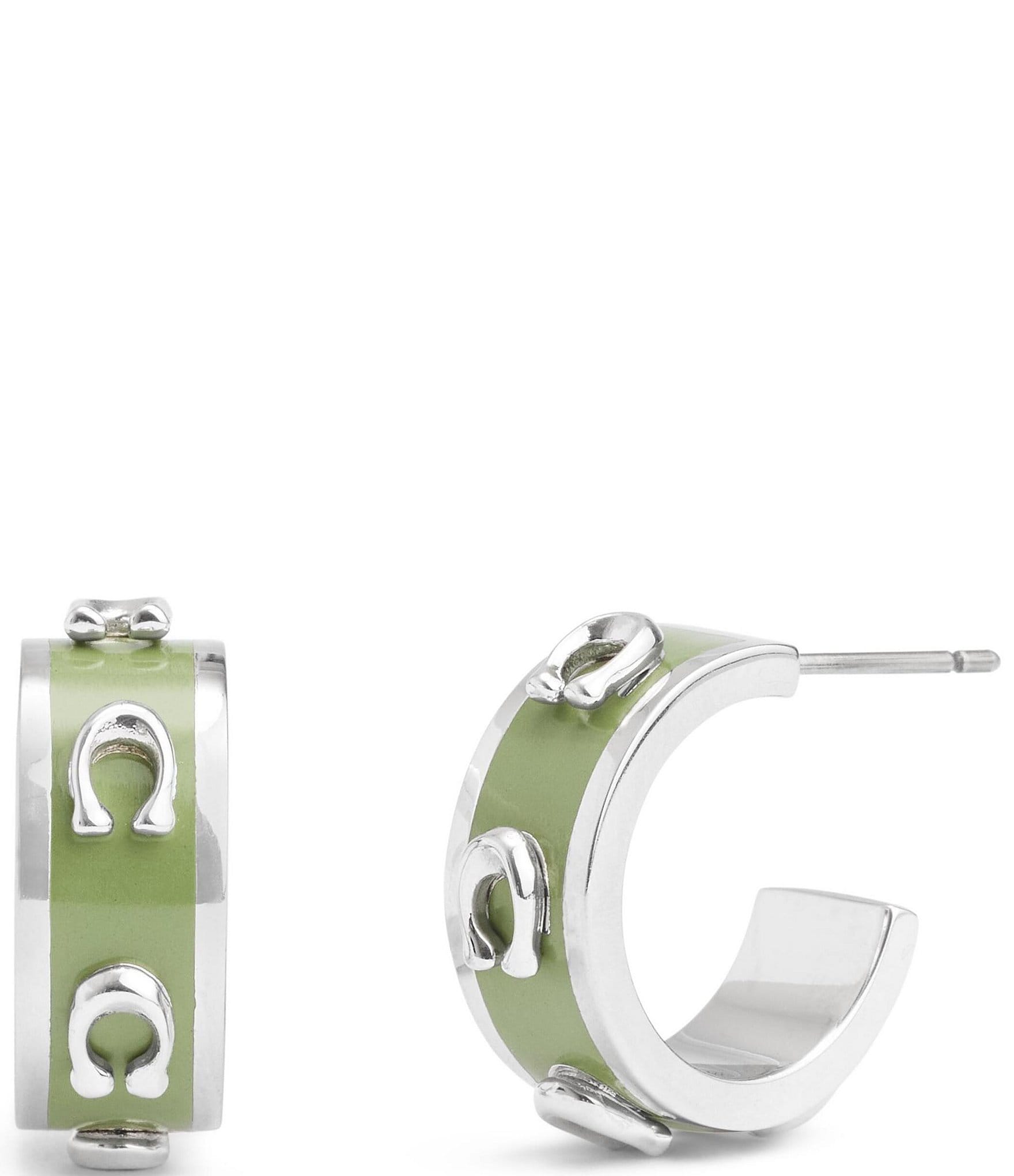 COACH Signature C Enamel Silver Tone Huggie Hoop Earrings