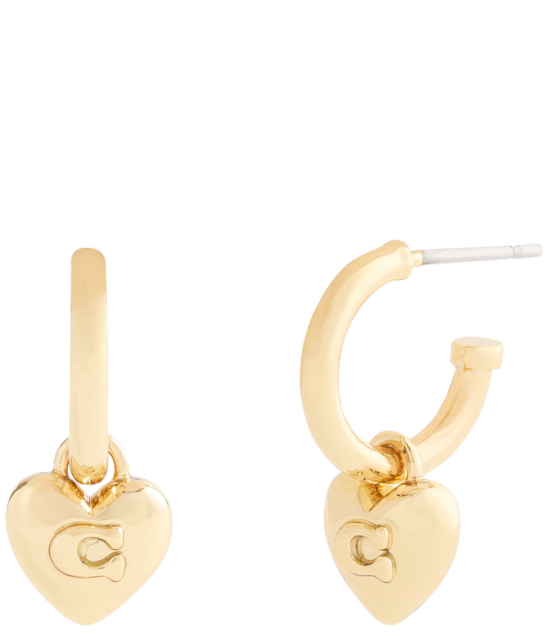 COACH Signature C Puffy Heart Charm Drop Huggie Hoop Drop Earrings