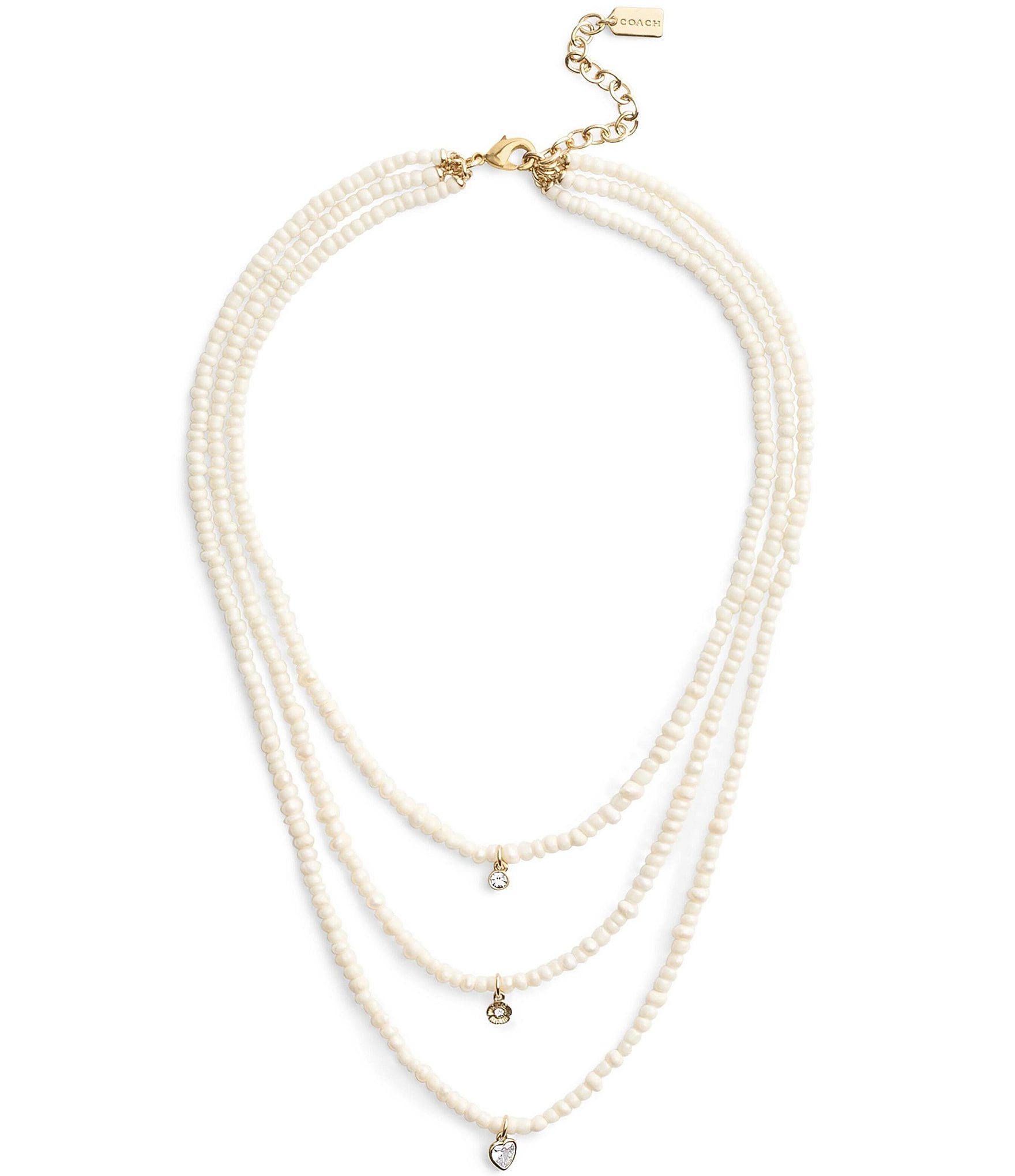 COACH Signature Crystal Charm Freshwater Pearl Layered Short Multi Strand Necklace