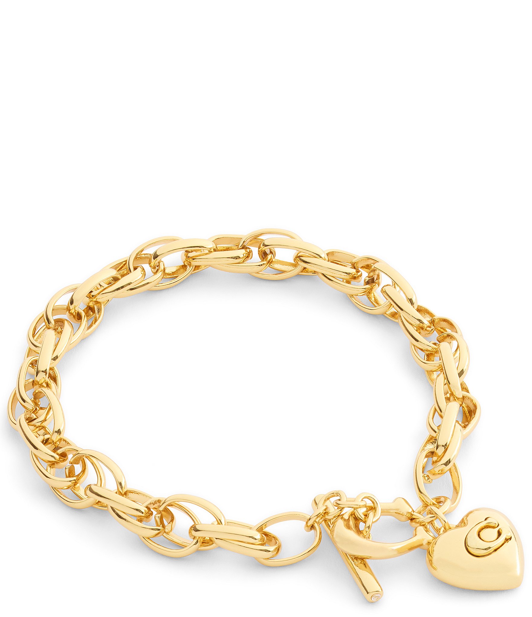 COACH Signature Heart Charm Interlocking Link Line Bracelet