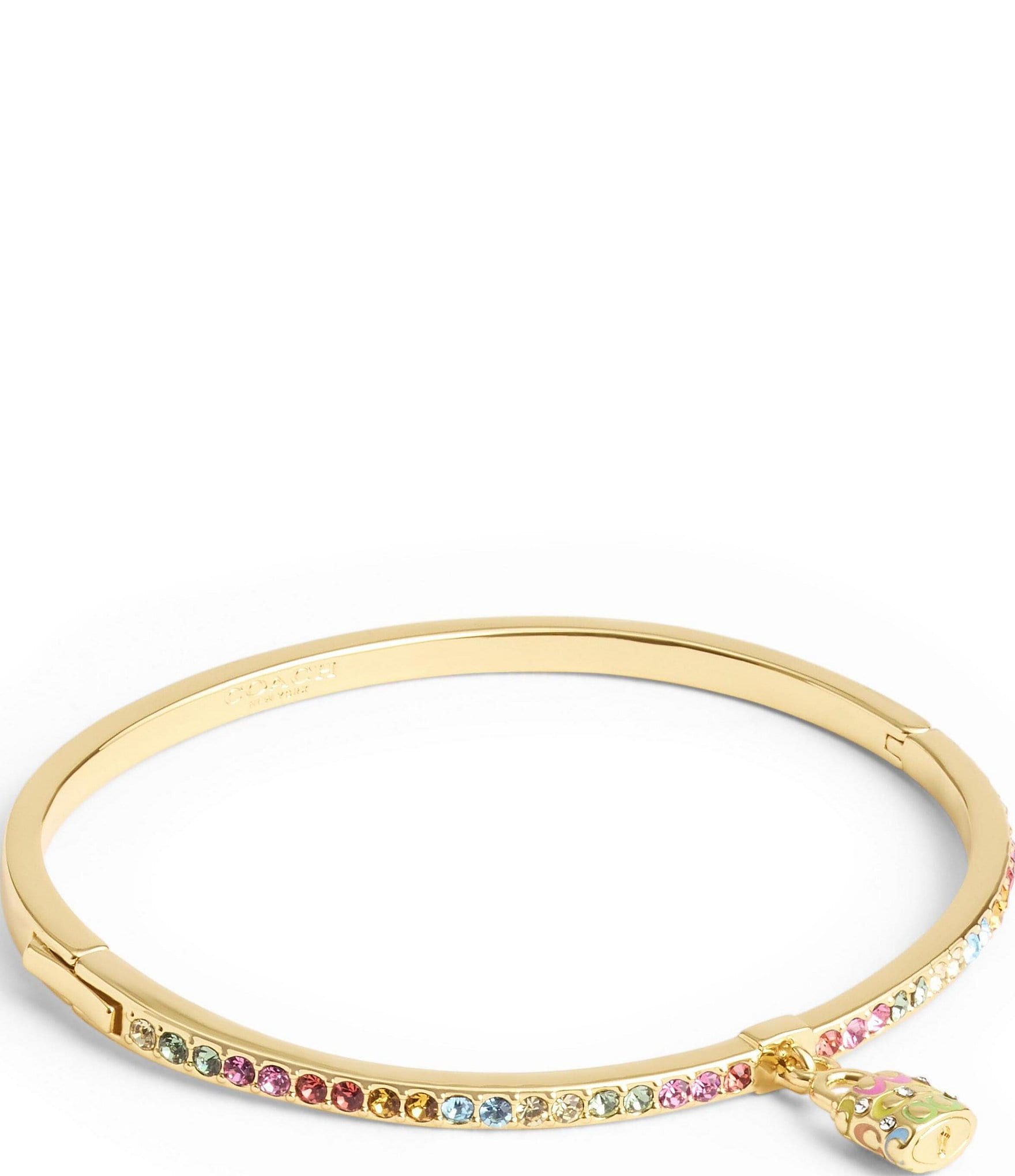 COACH Signature Rhinestone Rainbow Quilted Lock Charm Bangle Bracelet