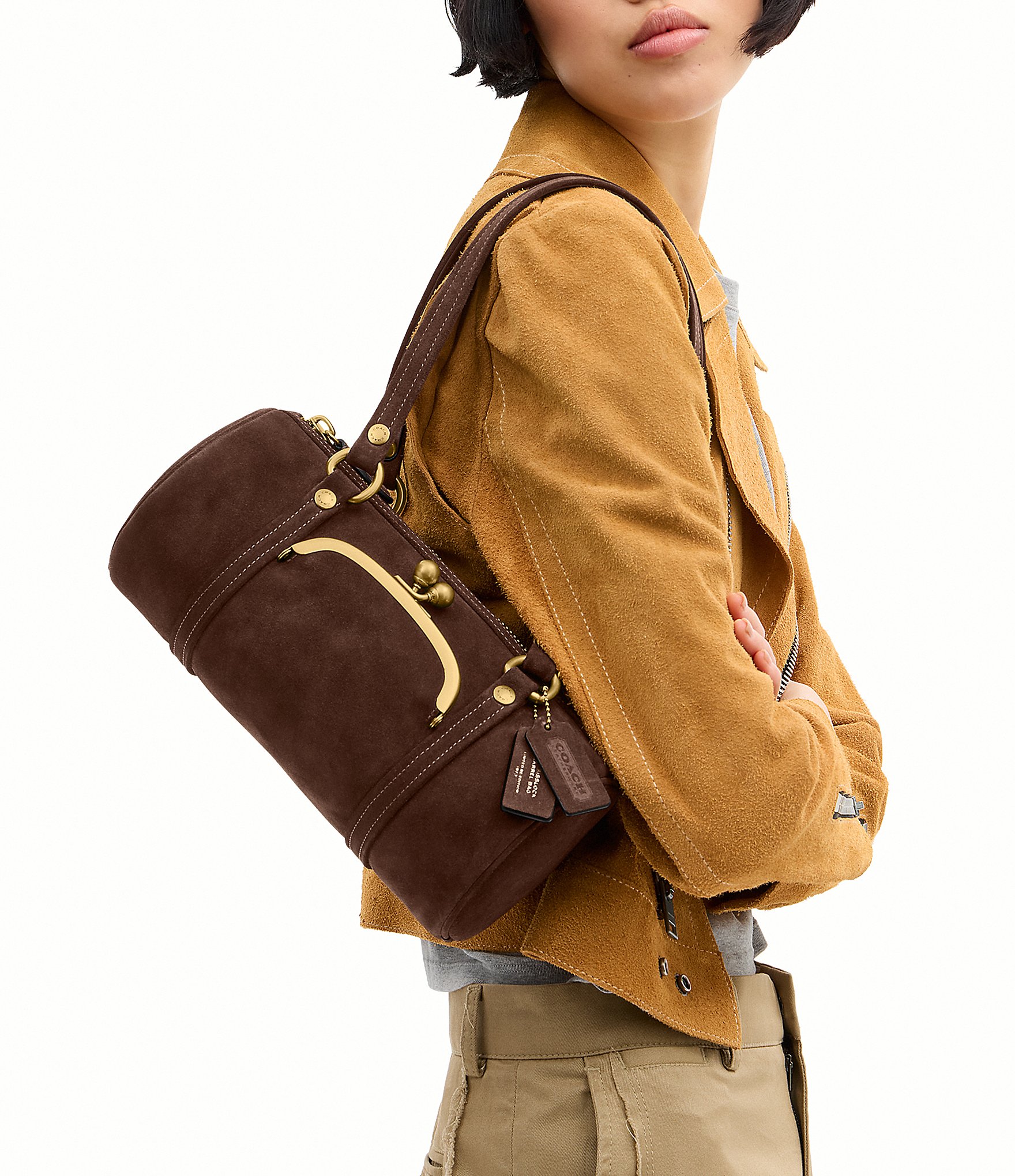 COACH The Coach Originals Kiss Lock 28 Suede Barrel Shoulder Bag