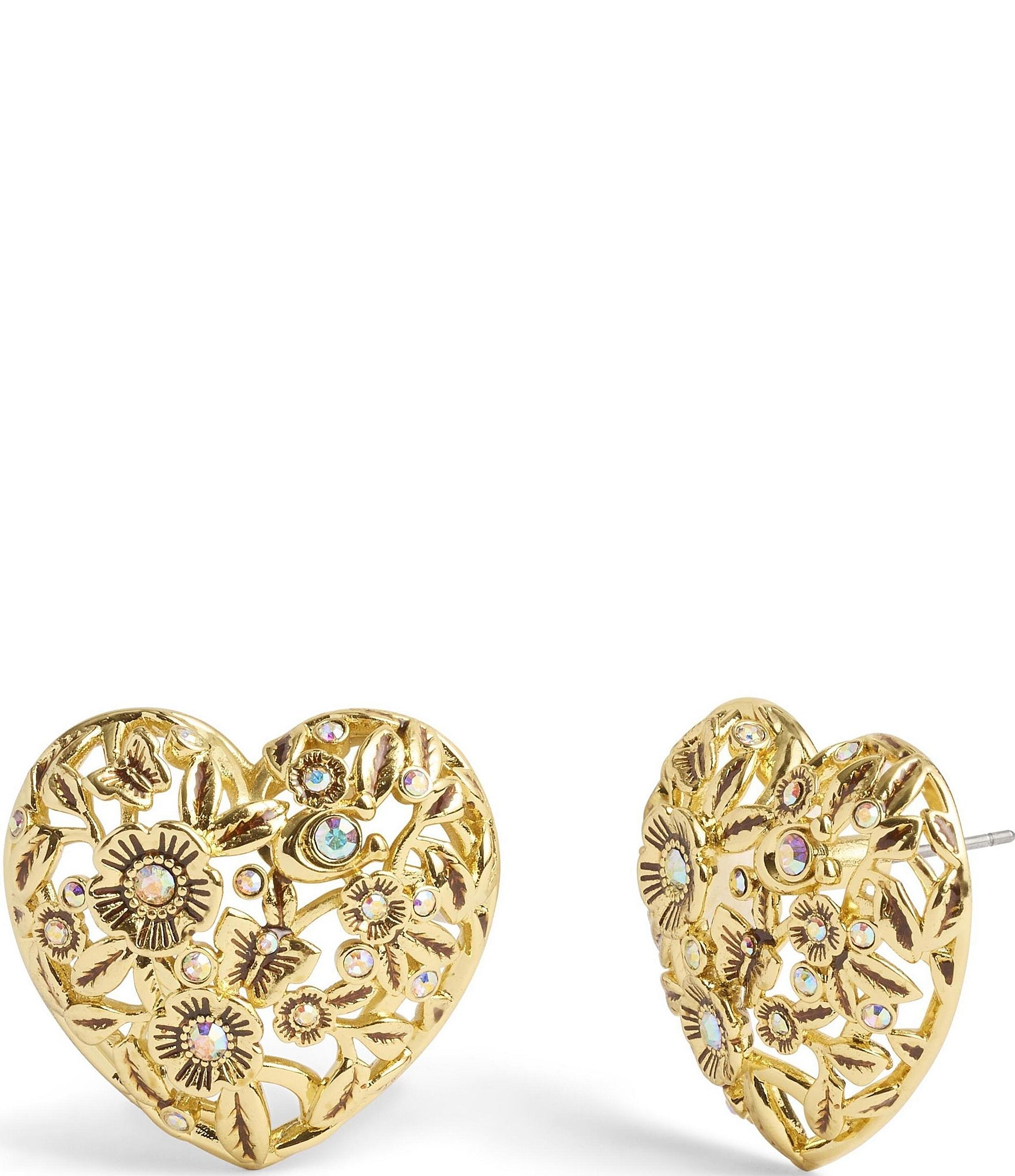 COACH Vintage Crystal Heart Signature Stud Earrings