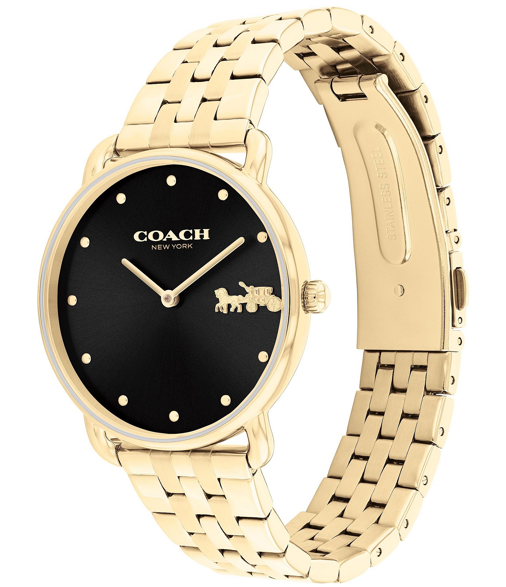 COACH Women's Black Dial Elliot Quartz Analog Gold Tone Stainless Steel Bracelet Watch