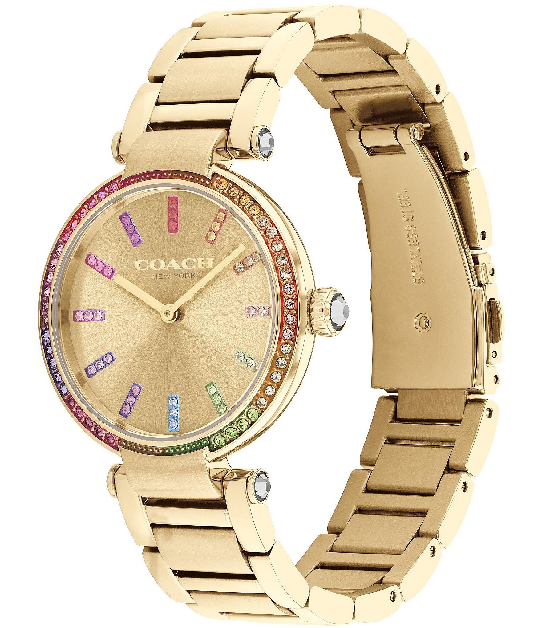 COACH Women's Cary Quartz Analog Rainbow Crystal Pave Gold Tone Stainless Steel Bracelet Watch