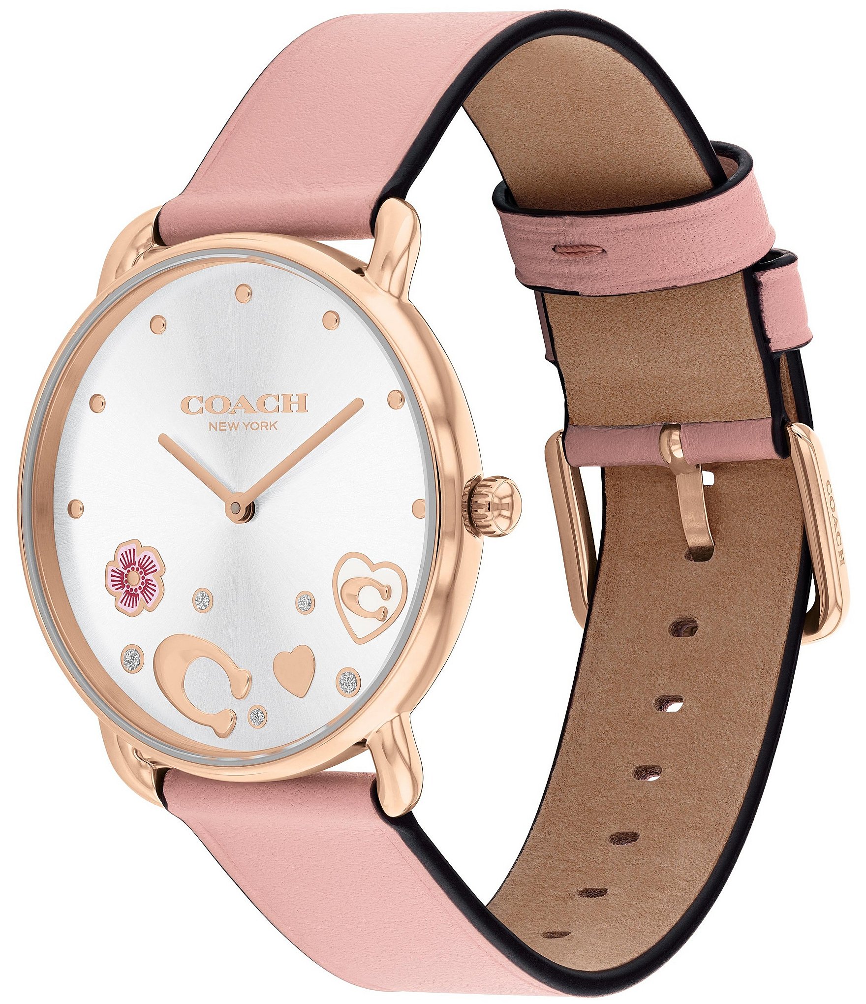 COACH Women's Crystal and Heart Embellished Elliot Quartz Analog Pink Leather Strap Watch