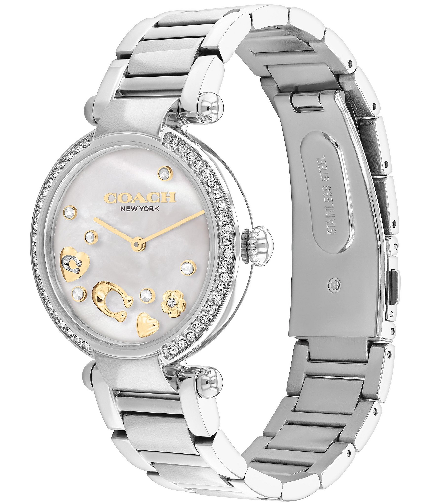 COACH Women's Crystal Charms Cary Quartz Analog Silver Stainless Steel Bracelet Watch