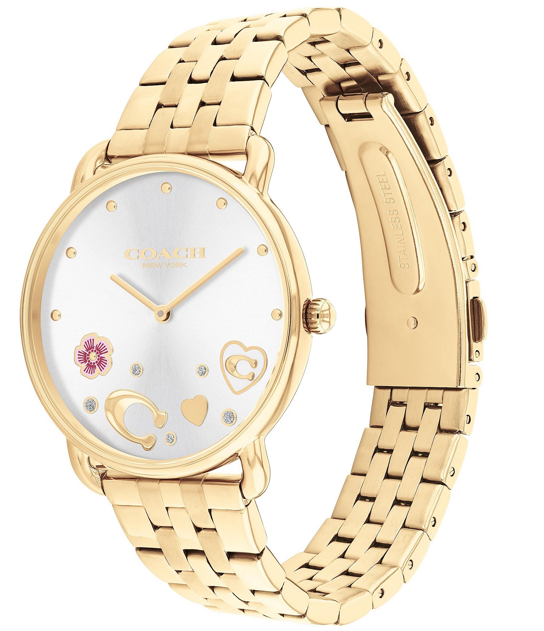 COACH Women's Heart and Crystal Embellished Elliot Quartz Analog Gold Tone Stainless Steel Bracelet Watch