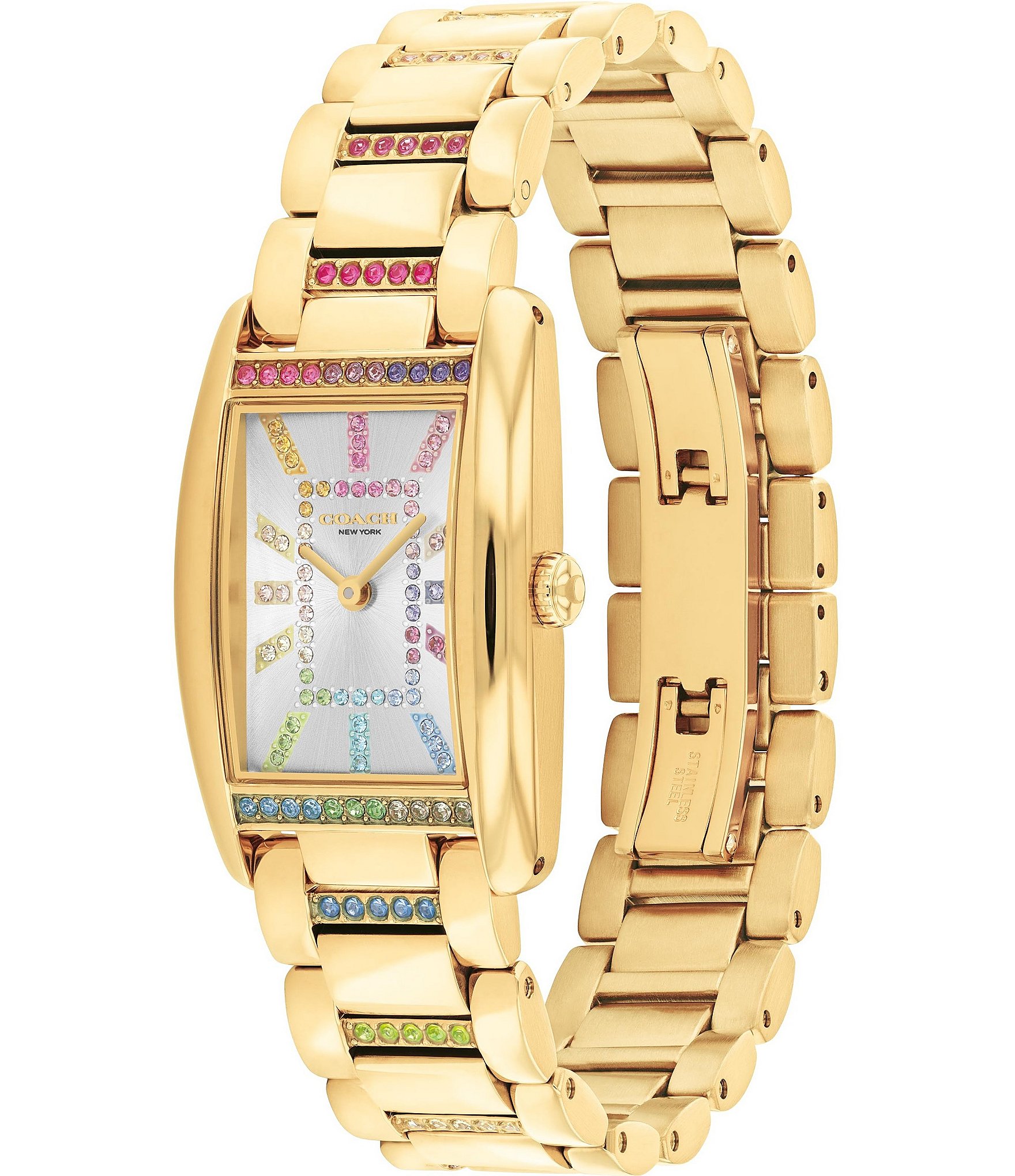 COACH Women's Reese Rainbow Rhinestone Quartz Analog Gold Tone Stainless Steel Bracelet Watch