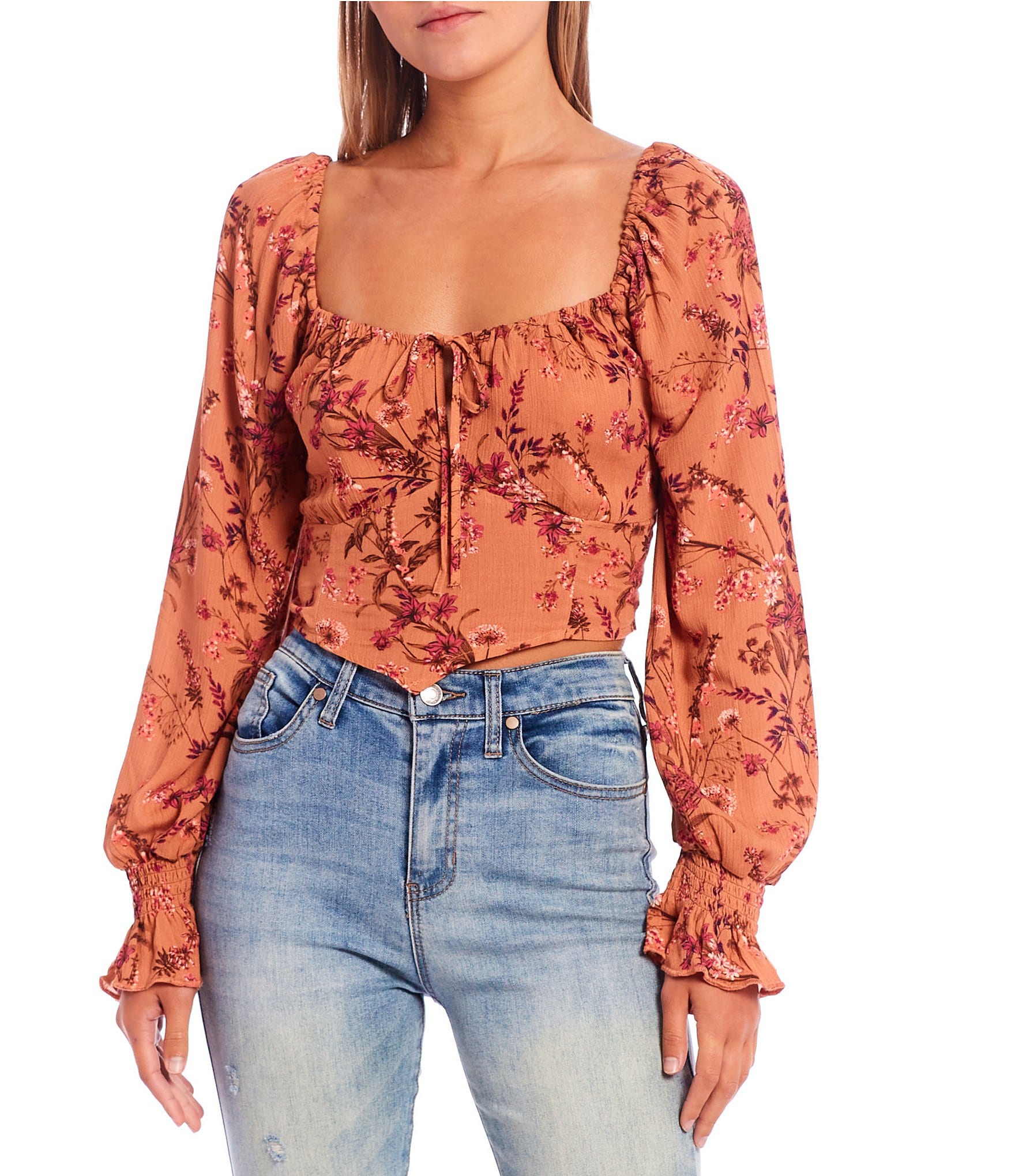 Coco Jaimeson Fitted Woven Square Neck Long Puff Sleeves Printed Top