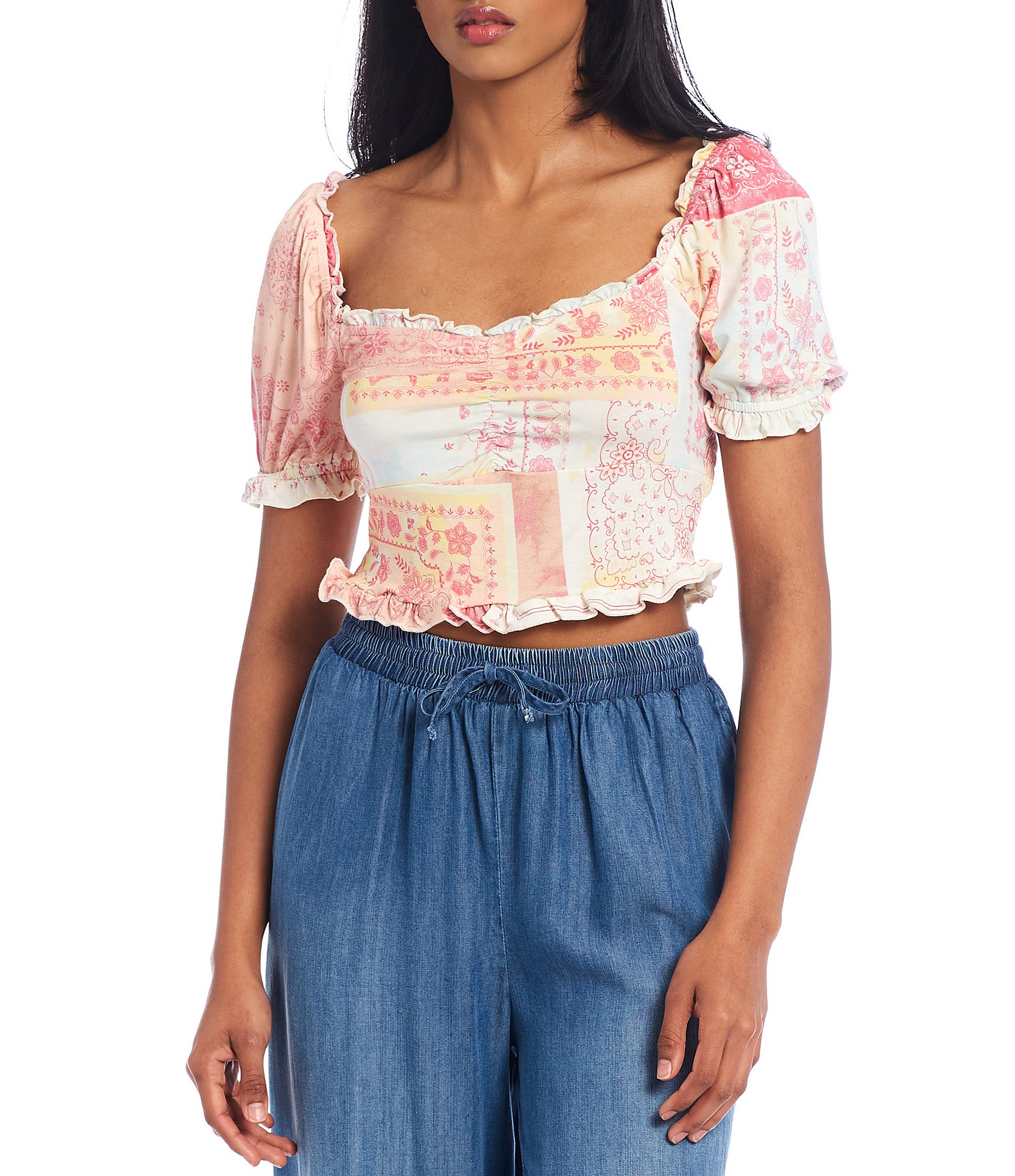 Coco Jaimeson Short Puff Sleeve Sweetheart Neck Patchwork Knit Crop Peasant Top Dillards 