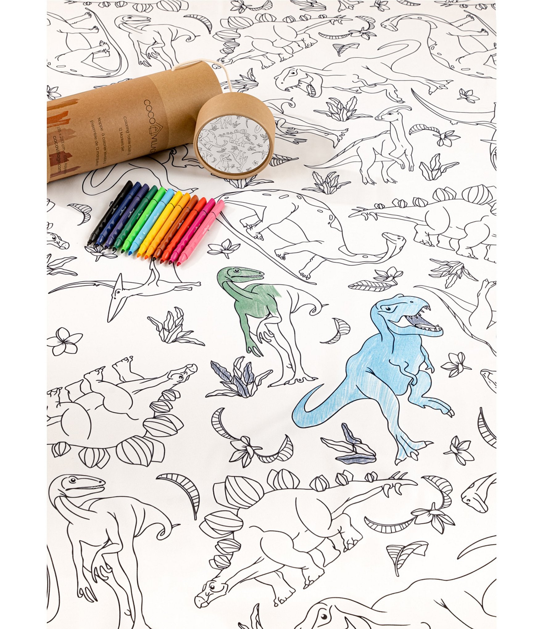 Coco Village Coloring Washable Tablecloth 12 Markers Set - Dinos Print - One Size