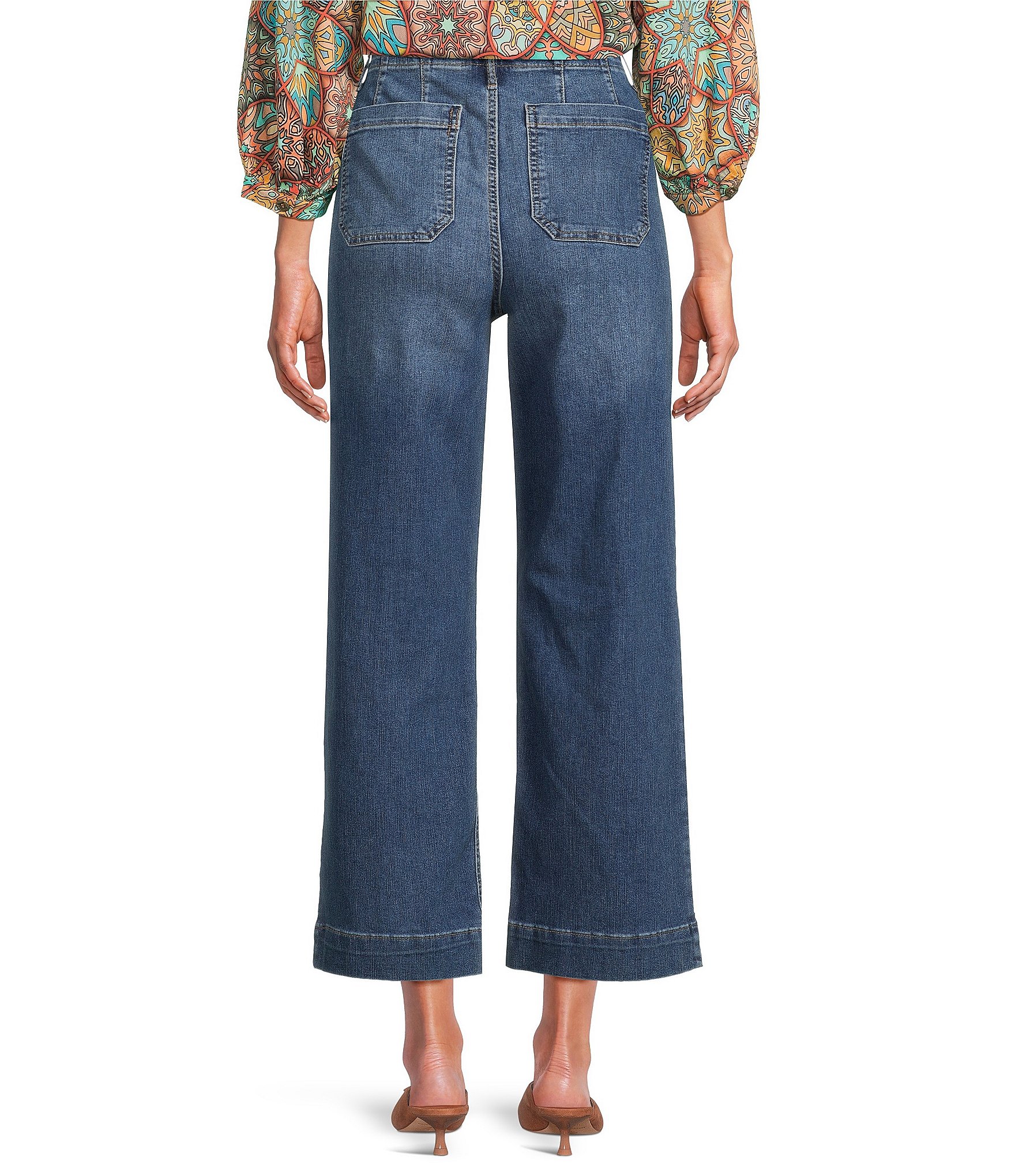 Code Bleu Petite Size Hollywood Waist High Rise Wide Leg Patch Pocket Ankle Jeans
