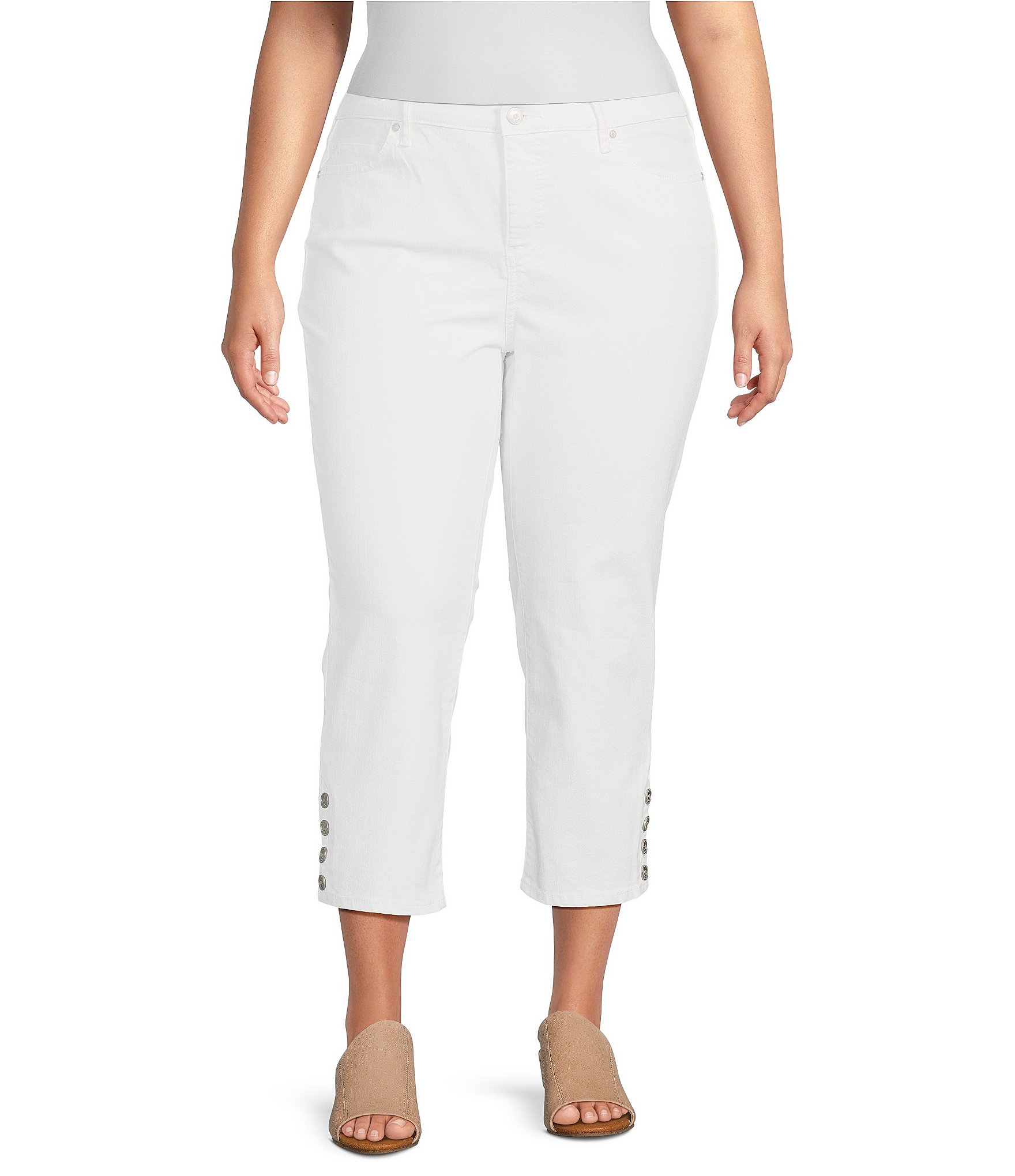 Plus-Size Mid-Rise Capri Jeggings. (6 Pack) • Faux front button closure •  Mid-rise • 5 Pockets • Faded color accents • Skinny capri leg • Super soft,  stretchy • Pull up styling