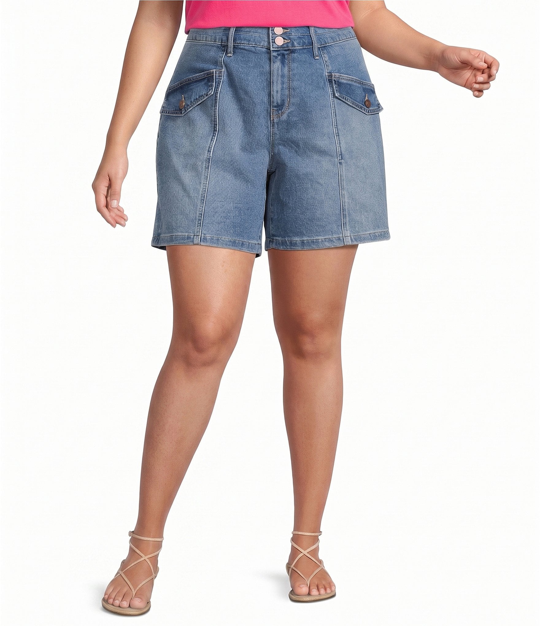 Code Bleu Plus Size Stacked Waistband High Rise Utility Denim Shorts