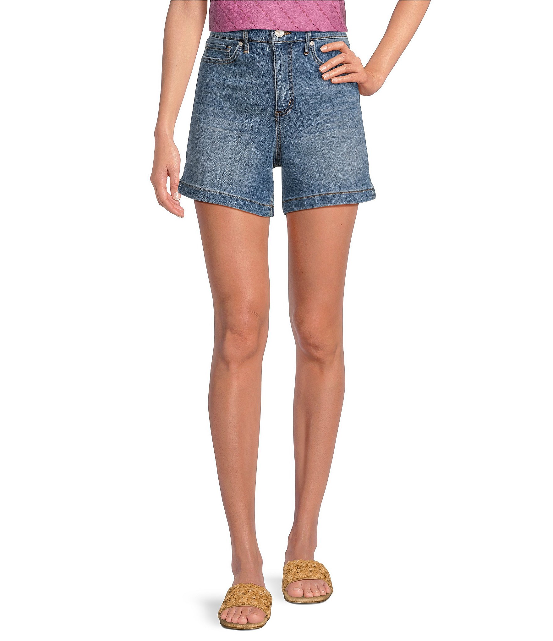 Code Bleu Stretch Denim High Rise Mid Thigh Shorts