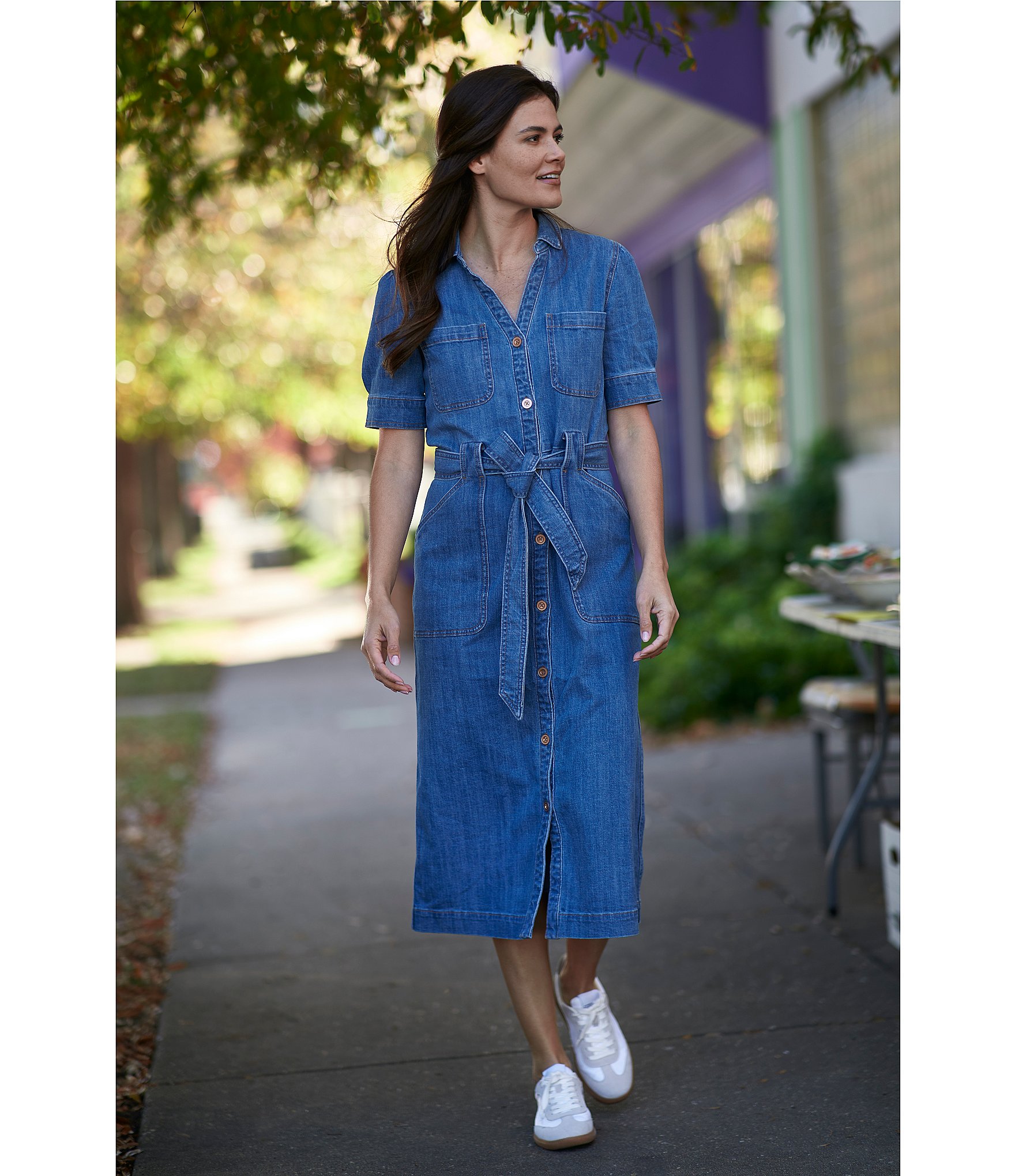 Code Bleu Stretch Denim Spread Collar Short Sleeve Shirt Midi Dress