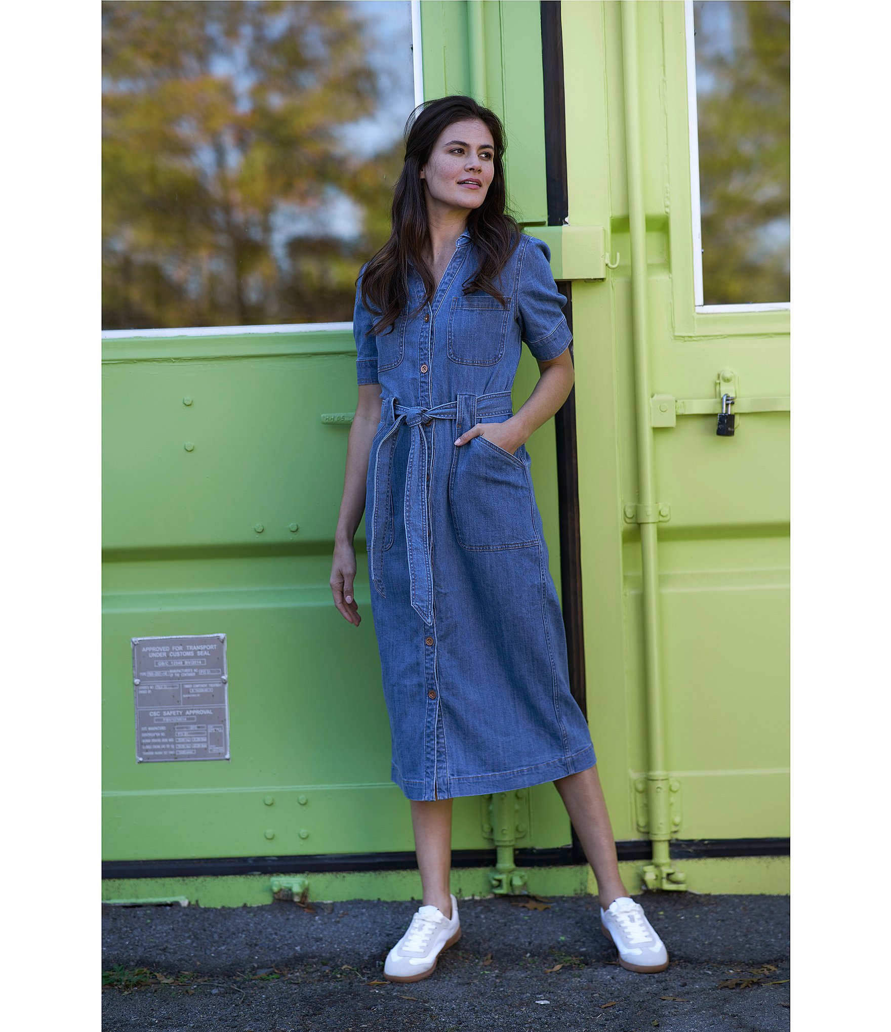 Code Bleu Stretch Denim Spread Collar Short Sleeve Shirt Midi Dress
