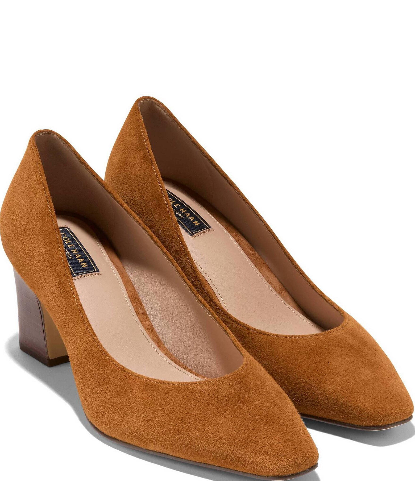 Cole Haan Blanche Suede Snip Toe Stacked Block Heel Pumps