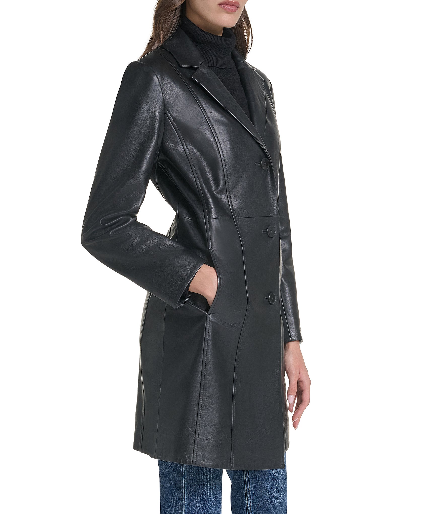 Cole Haan Genuine Lamb Leather Notch Lapel Button Front Car Coat