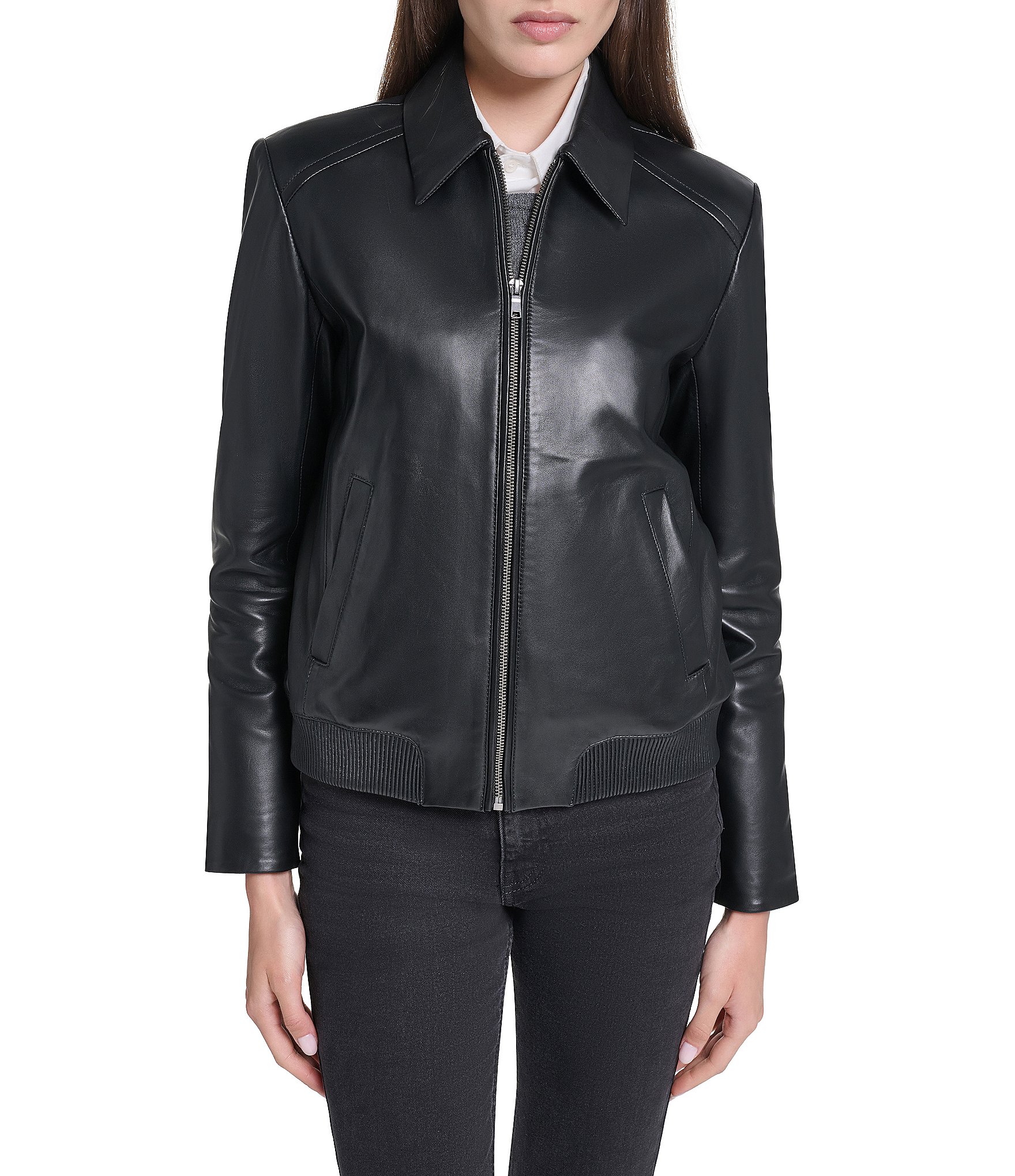 Cole Haan Genuine Lamb Leather Point Collar Hidden Snap Front Bomber Jacket