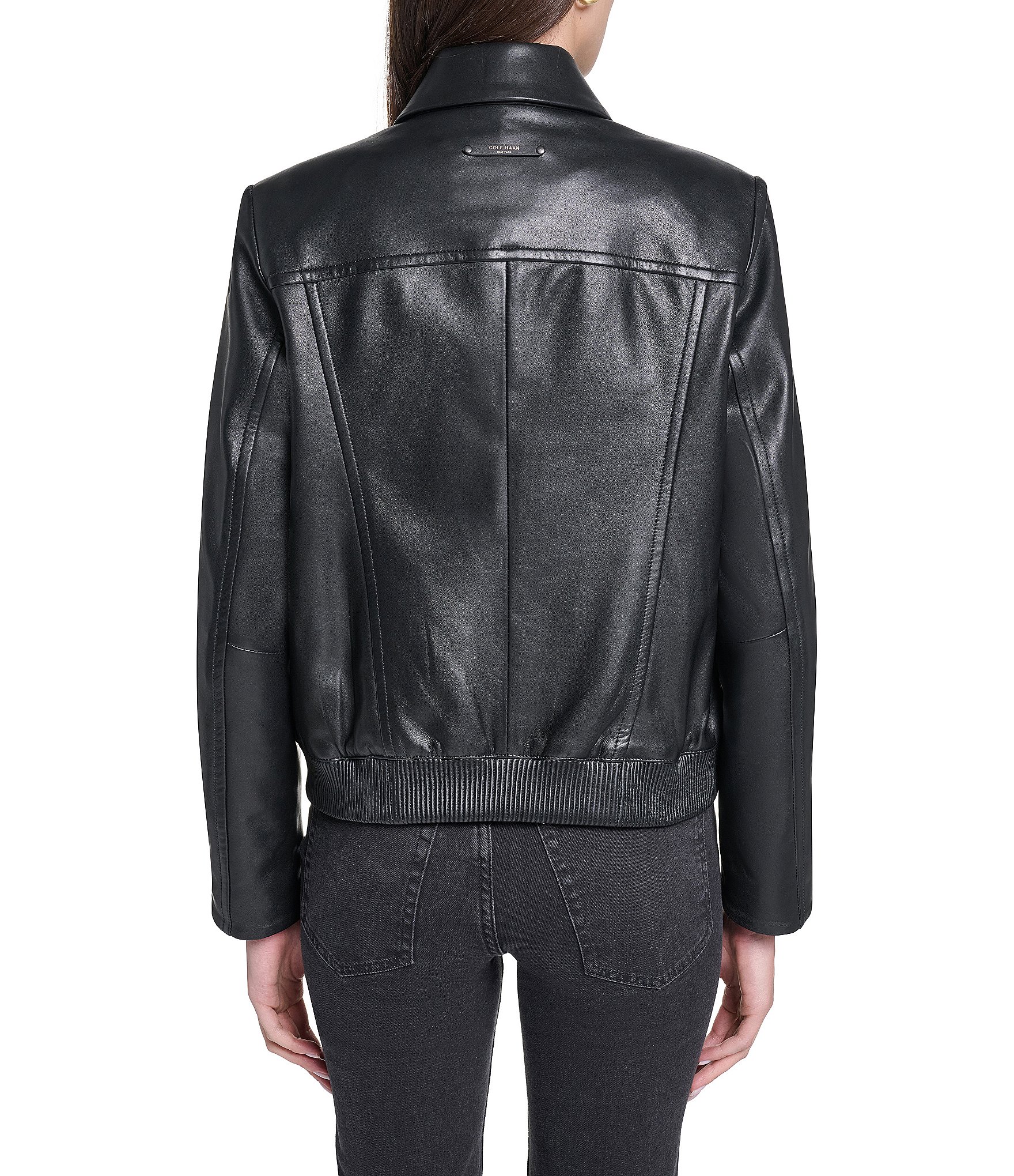 Cole Haan Genuine Lamb Leather Point Collar Hidden Snap Front Bomber Jacket