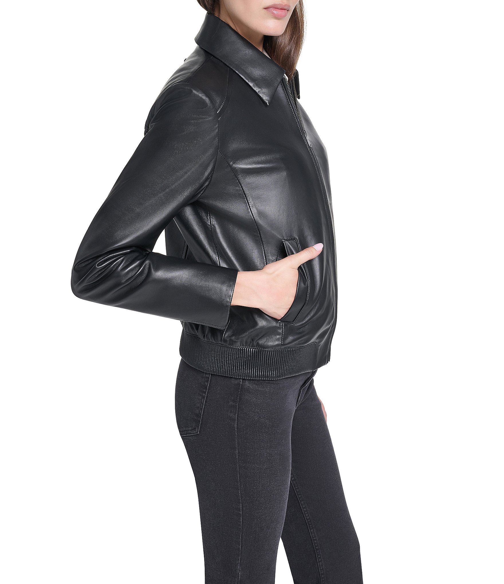 Cole Haan Genuine Lamb Leather Point Collar Hidden Snap Front Bomber Jacket