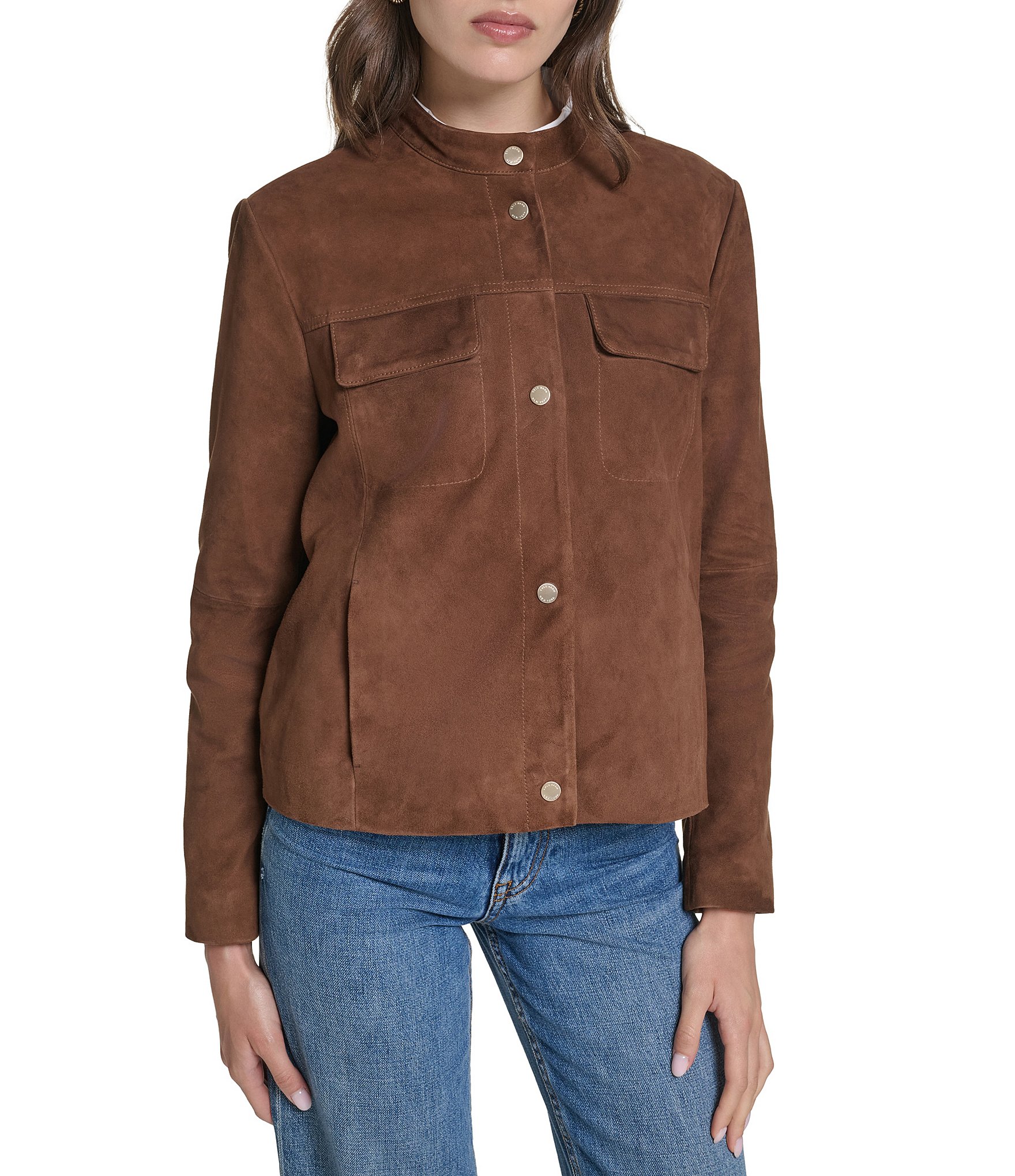 Cole Haan Goat Leather Stand Collar Snap Front Track Jacket
