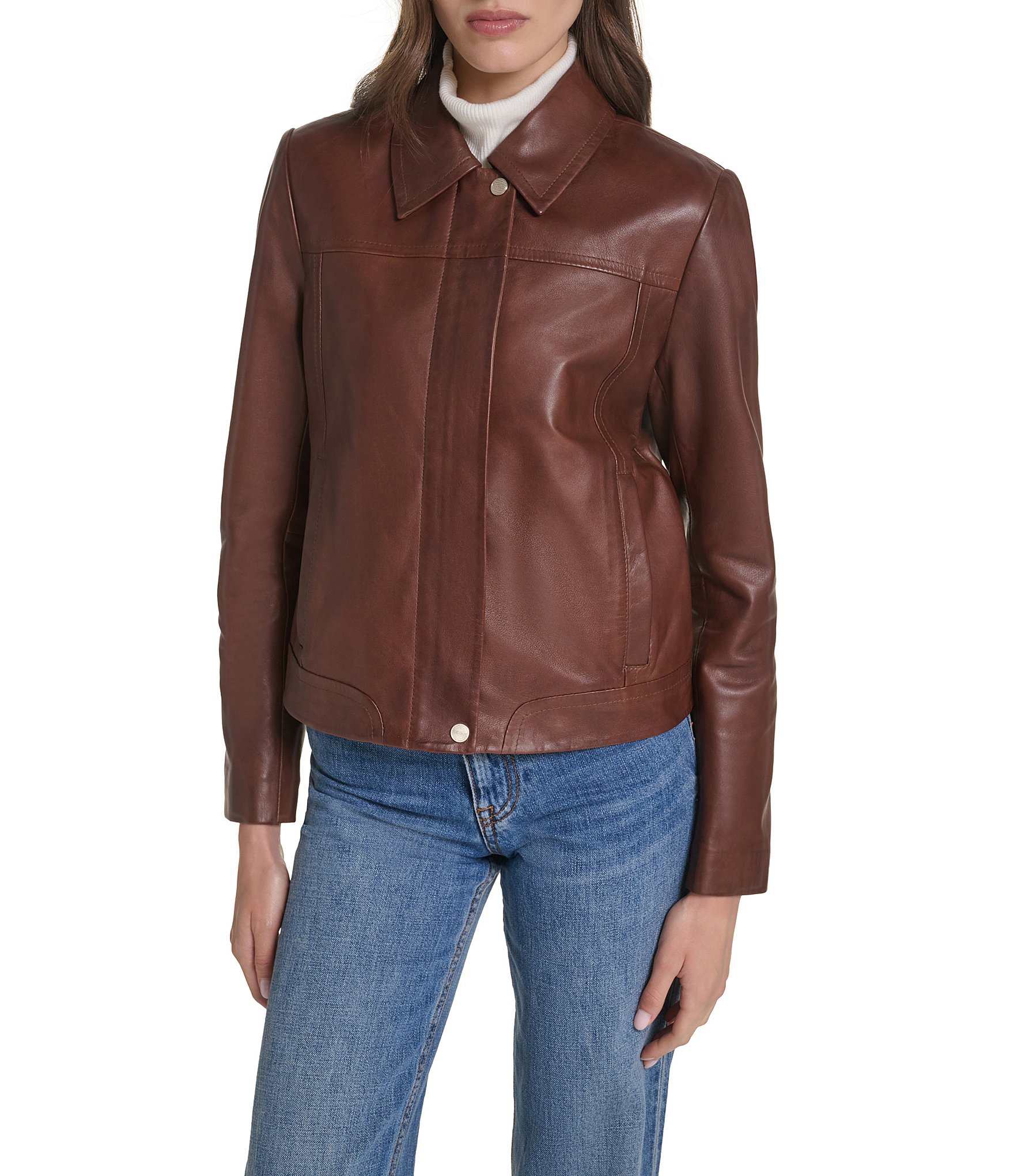 Cole Haan Lamb Leather Point Collar Hidden Snap Front Moto Jacket