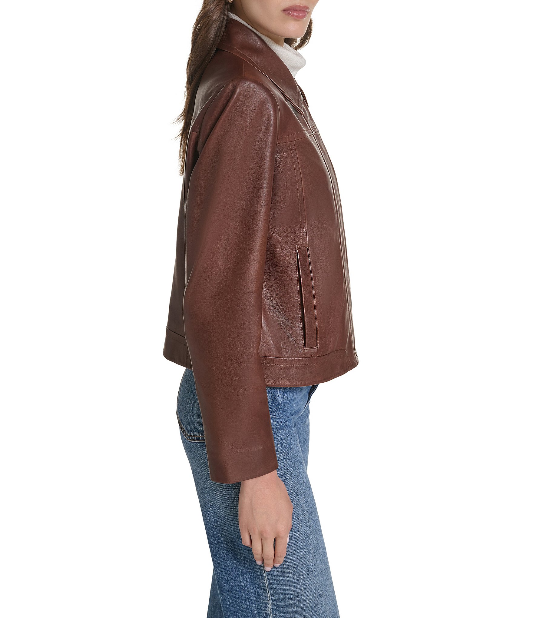 Cole Haan Lamb Leather Point Collar Hidden Snap Front Moto Jacket