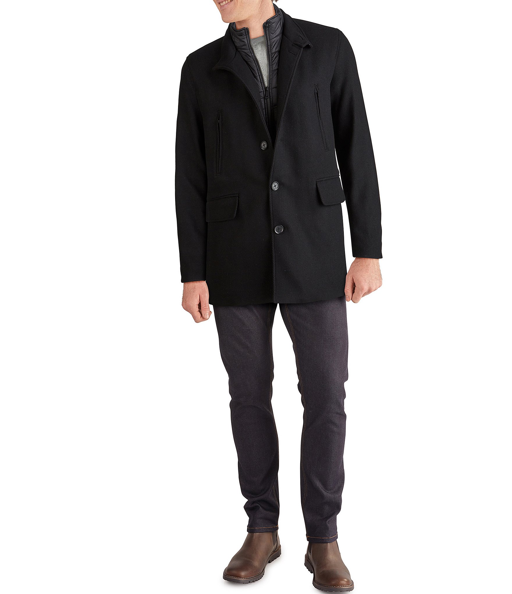 Cole Haan Set-In-Bib Wool/Twill Coat