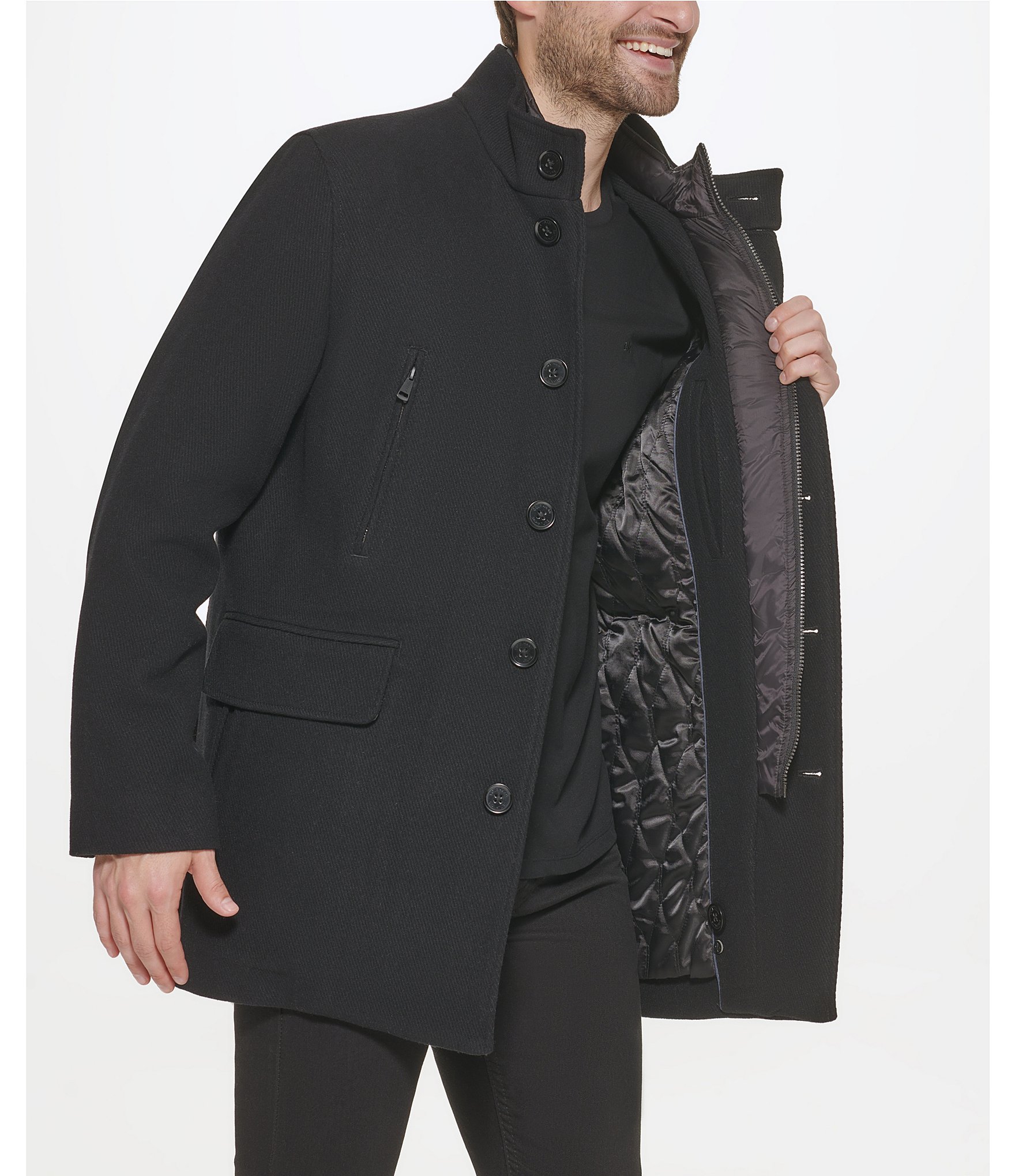 Cole Haan Set-In-Bib Wool/Twill Coat