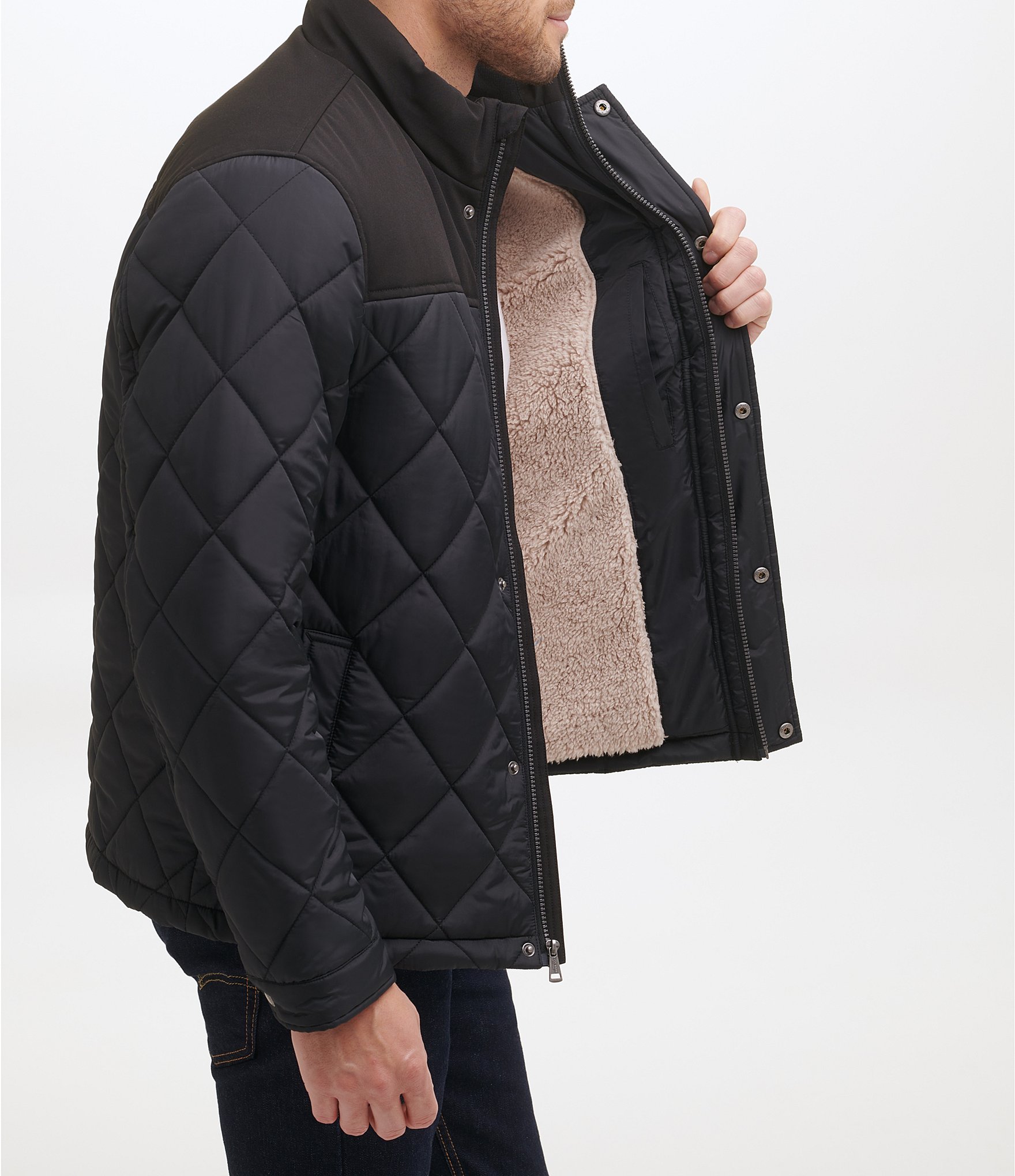 Cole Haan Tonal-Mixed-Media Sherpa Lined Quilted Jacket