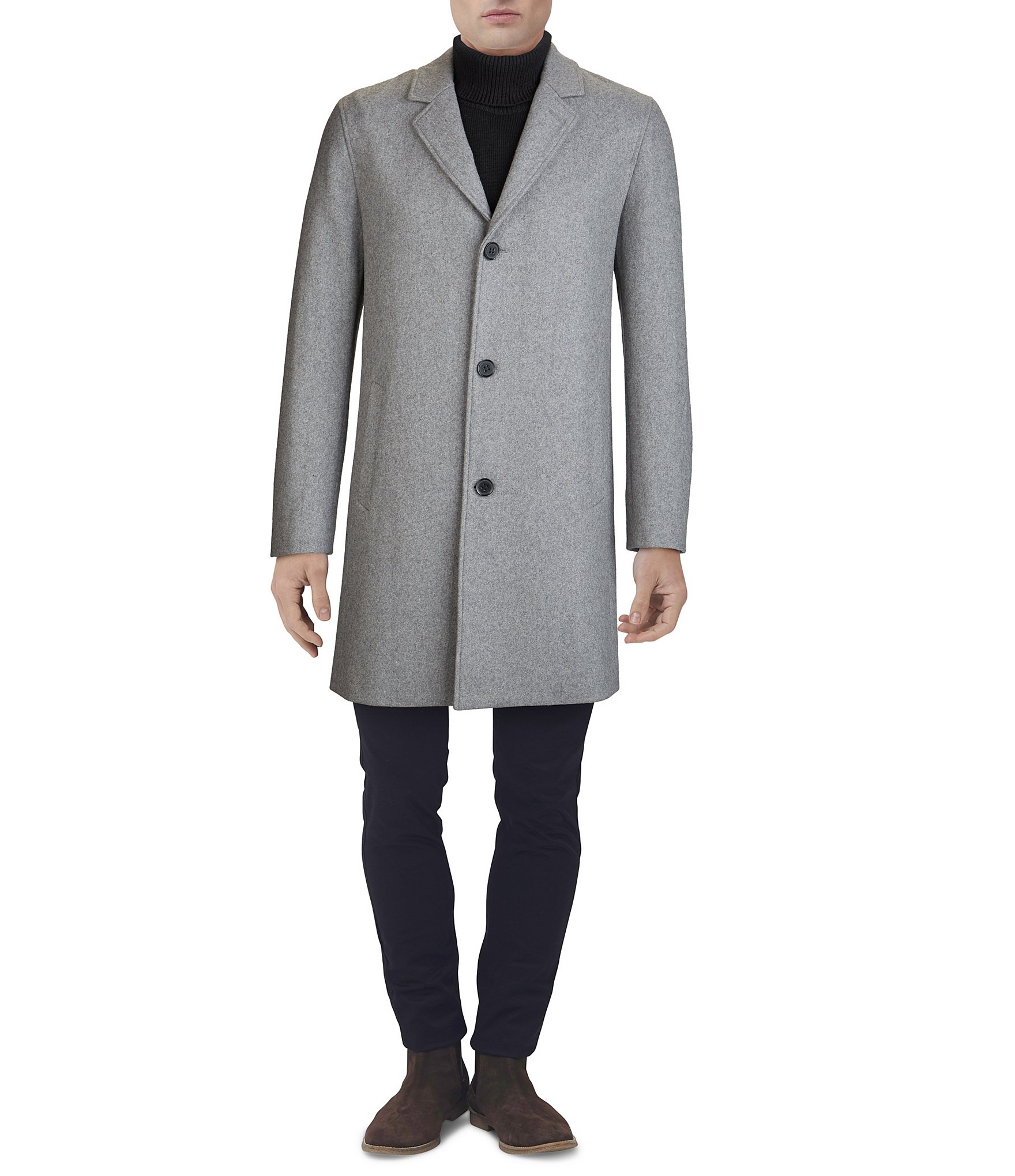 Cole Haan Melton Notch Collar Button Front Wool-Blend Coat