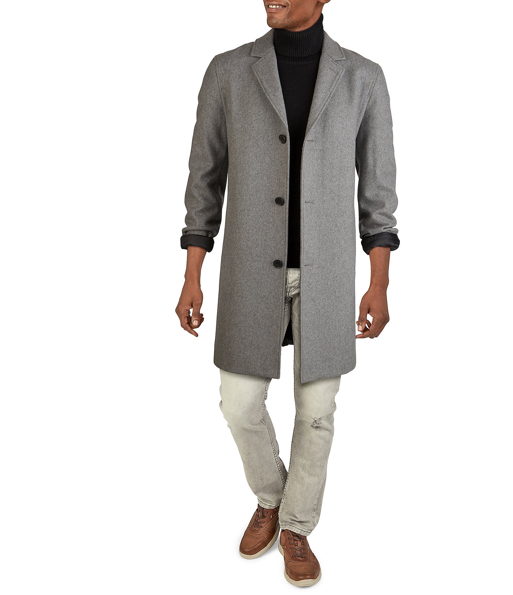 Cole Haan Melton Notch Collar Button Front Wool-Blend Coat