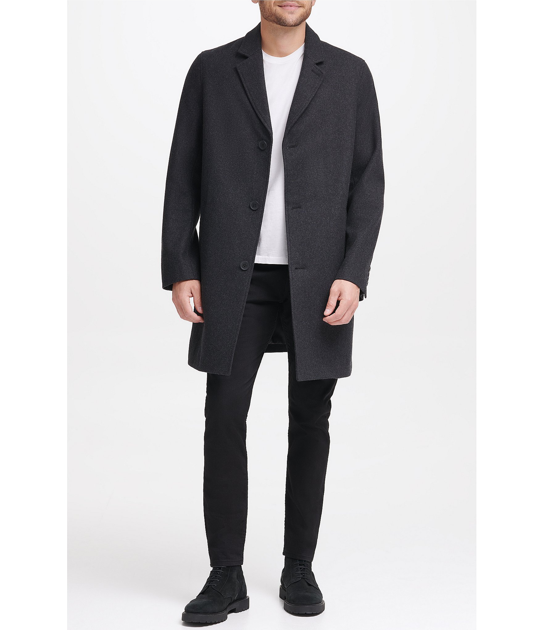 Cole Haan Melton Notch Collar Button Front Wool-Blend Coat