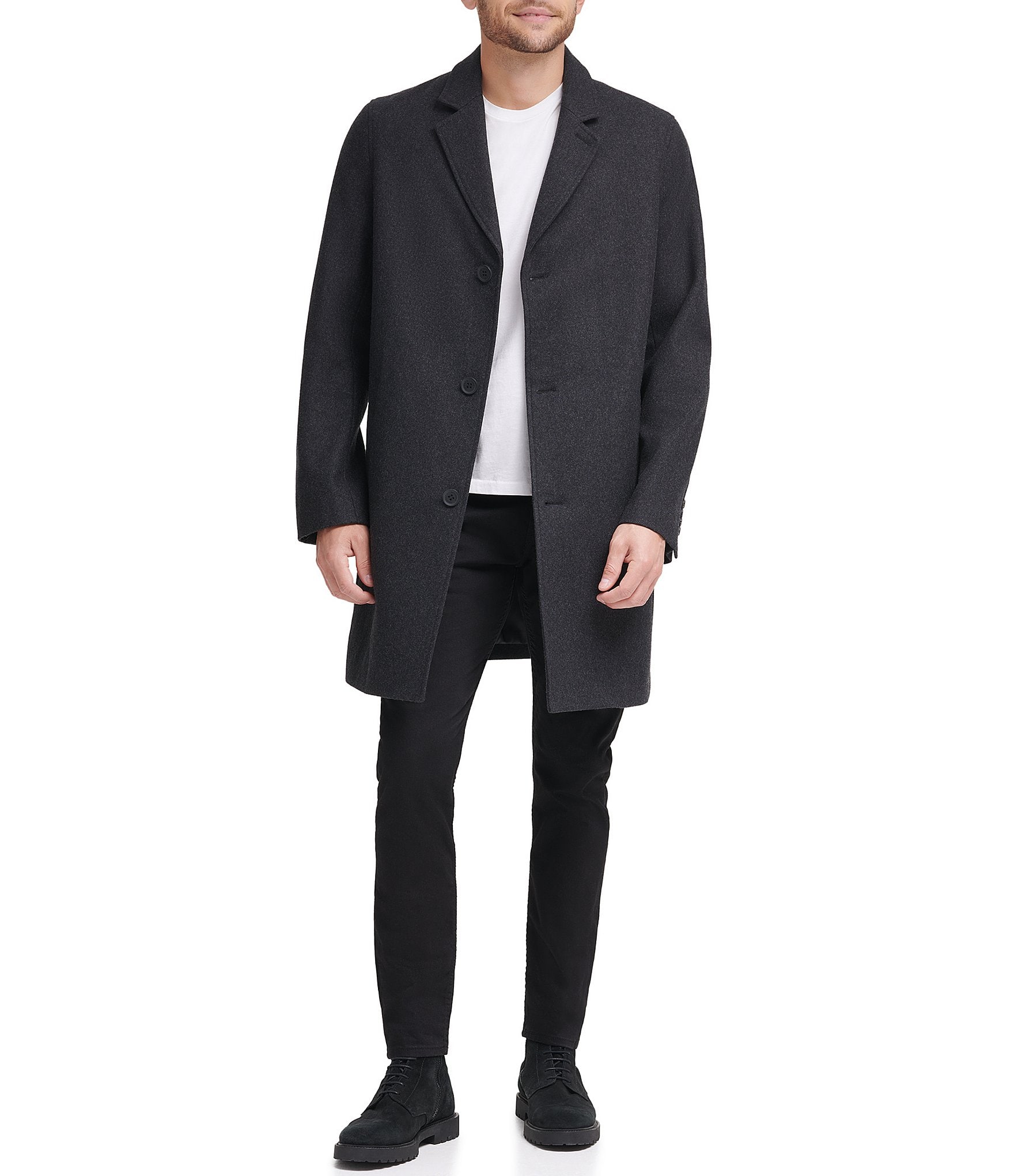 Cole Haan Melton Notch Collar Button Front Wool-Blend Coat