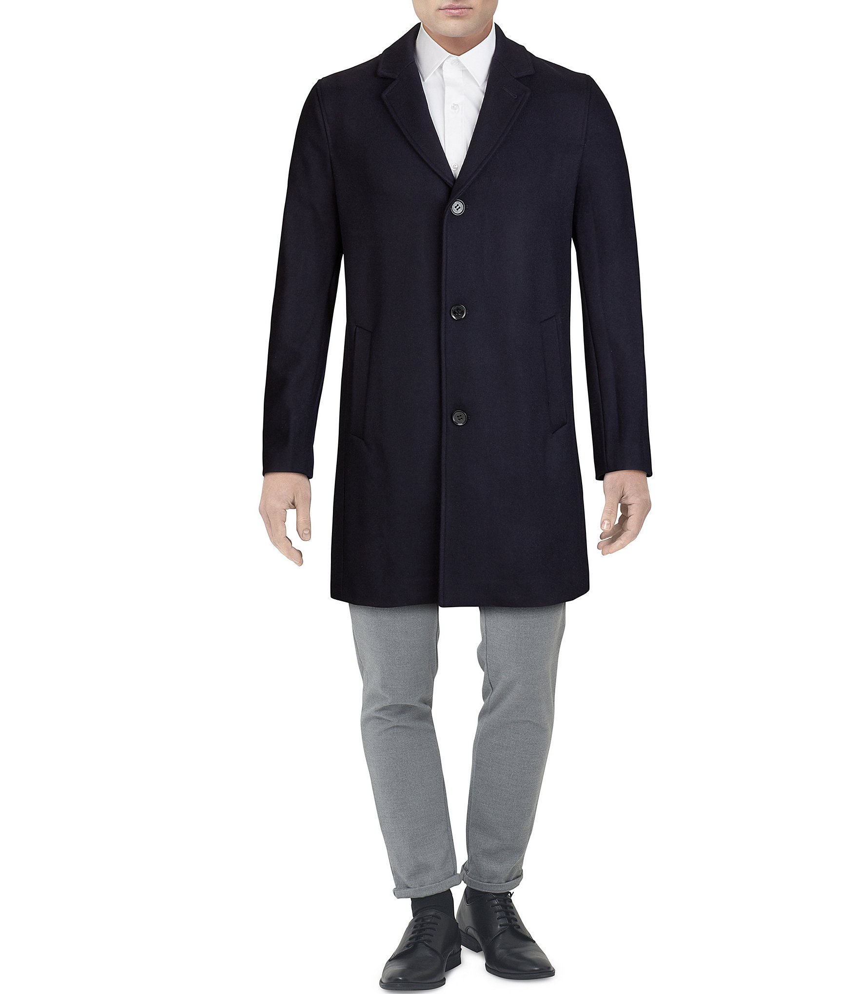 Cole Haan Melton Notch Collar Button Front Wool-Blend Coat