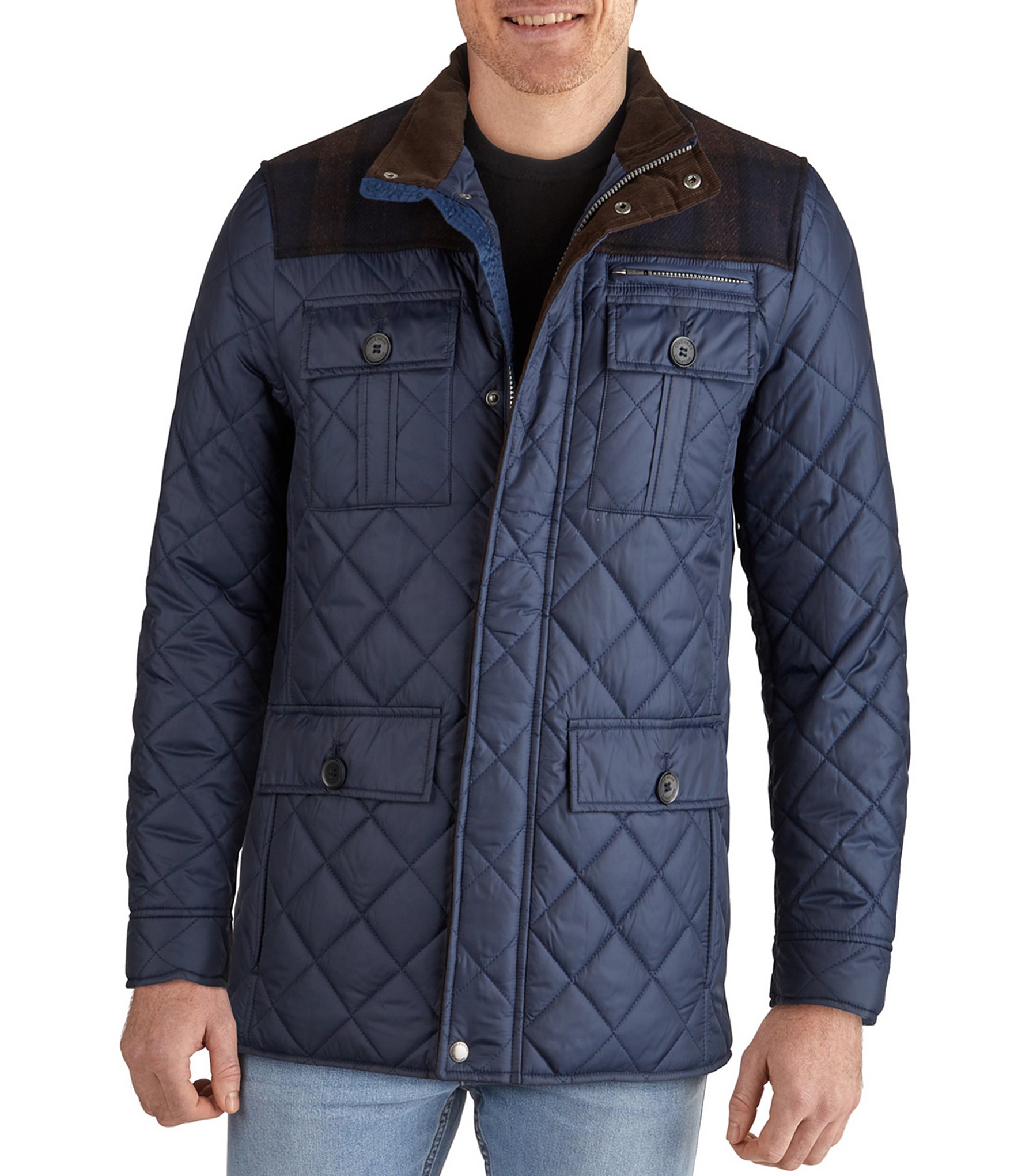 Cole Haan Wool Blend Mixed-Media Zip Front Quilted Jacket | Dillard's