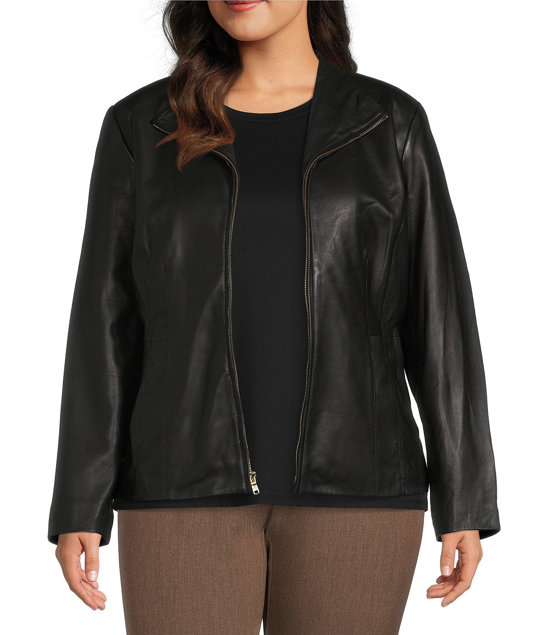Cole Haan Plus Size Wing Collar Single Breasted Leather Moto Jacket ...
