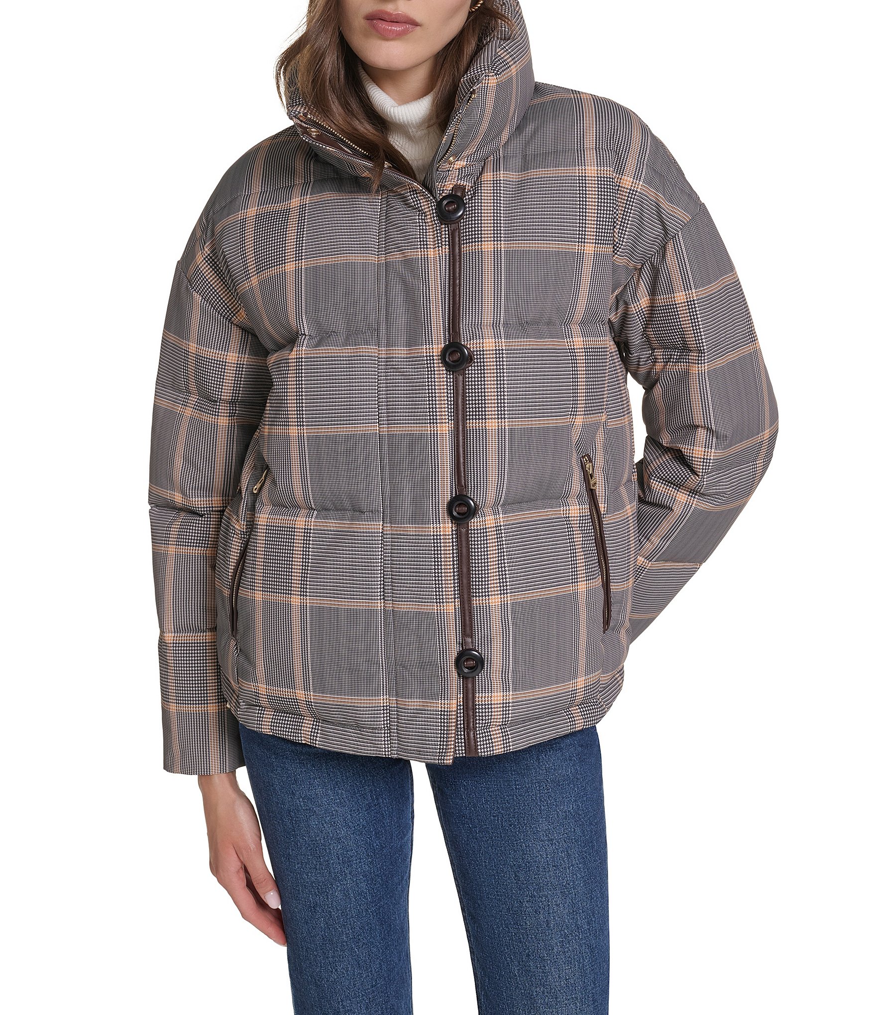 Cole Haan Quilt Plaid Print Stand Collar Down Zip Front Puffer