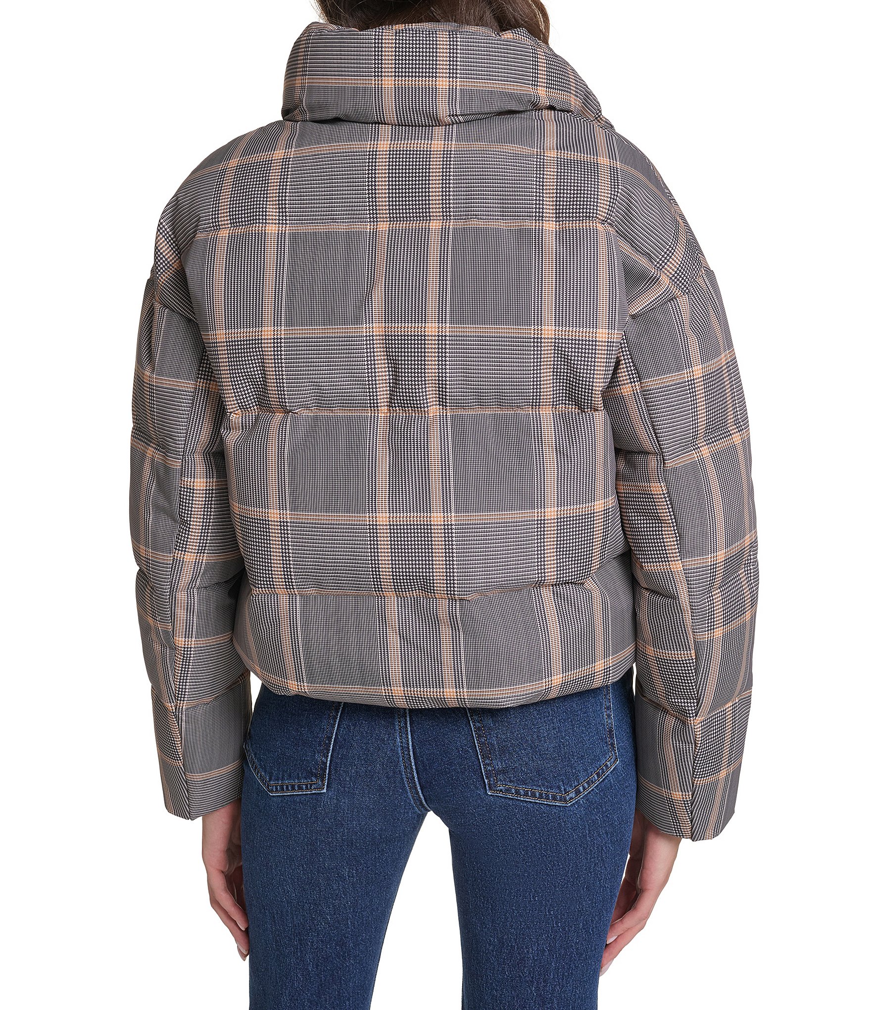 Cole Haan Quilt Plaid Print Stand Collar Down Zip Front Puffer