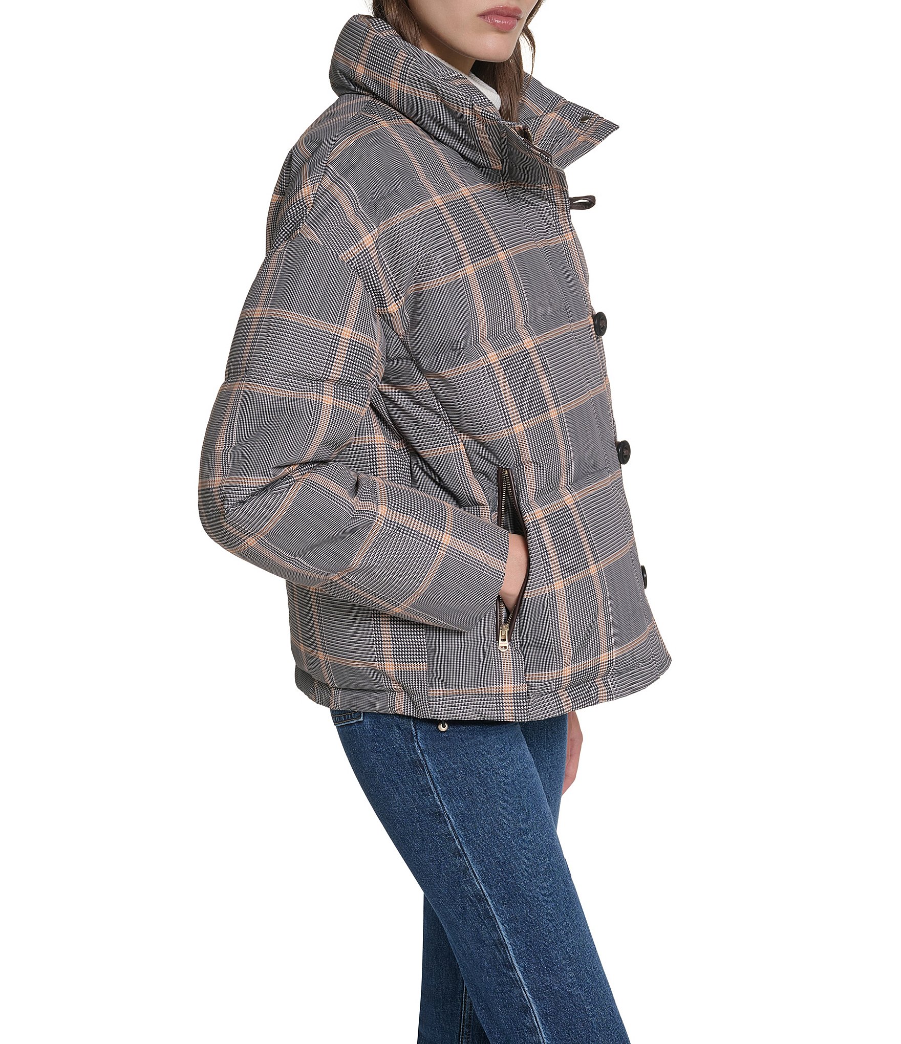 Cole Haan Quilt Plaid Print Stand Collar Down Zip Front Puffer
