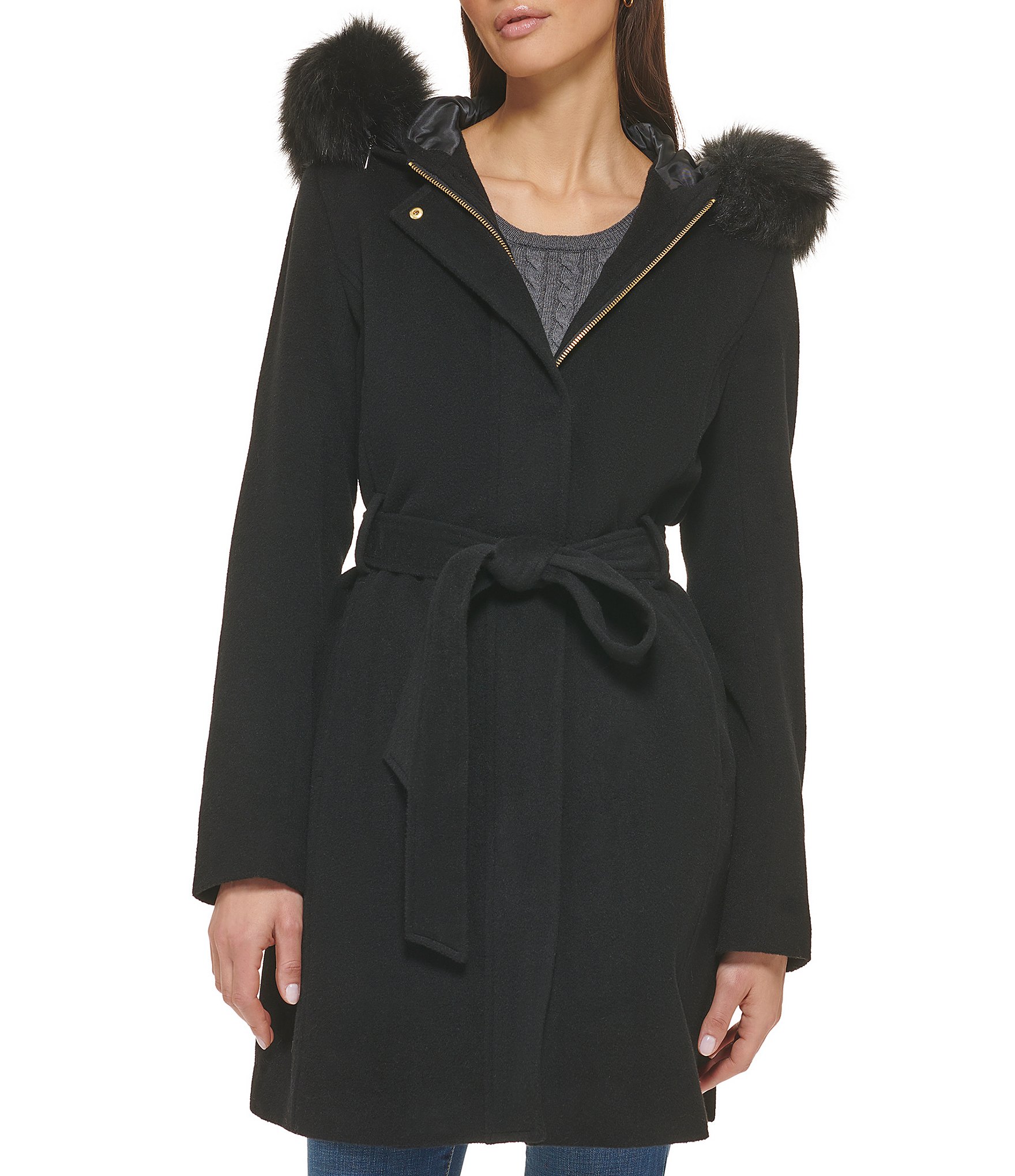 Cole haan belted on sale faux fur hood coat