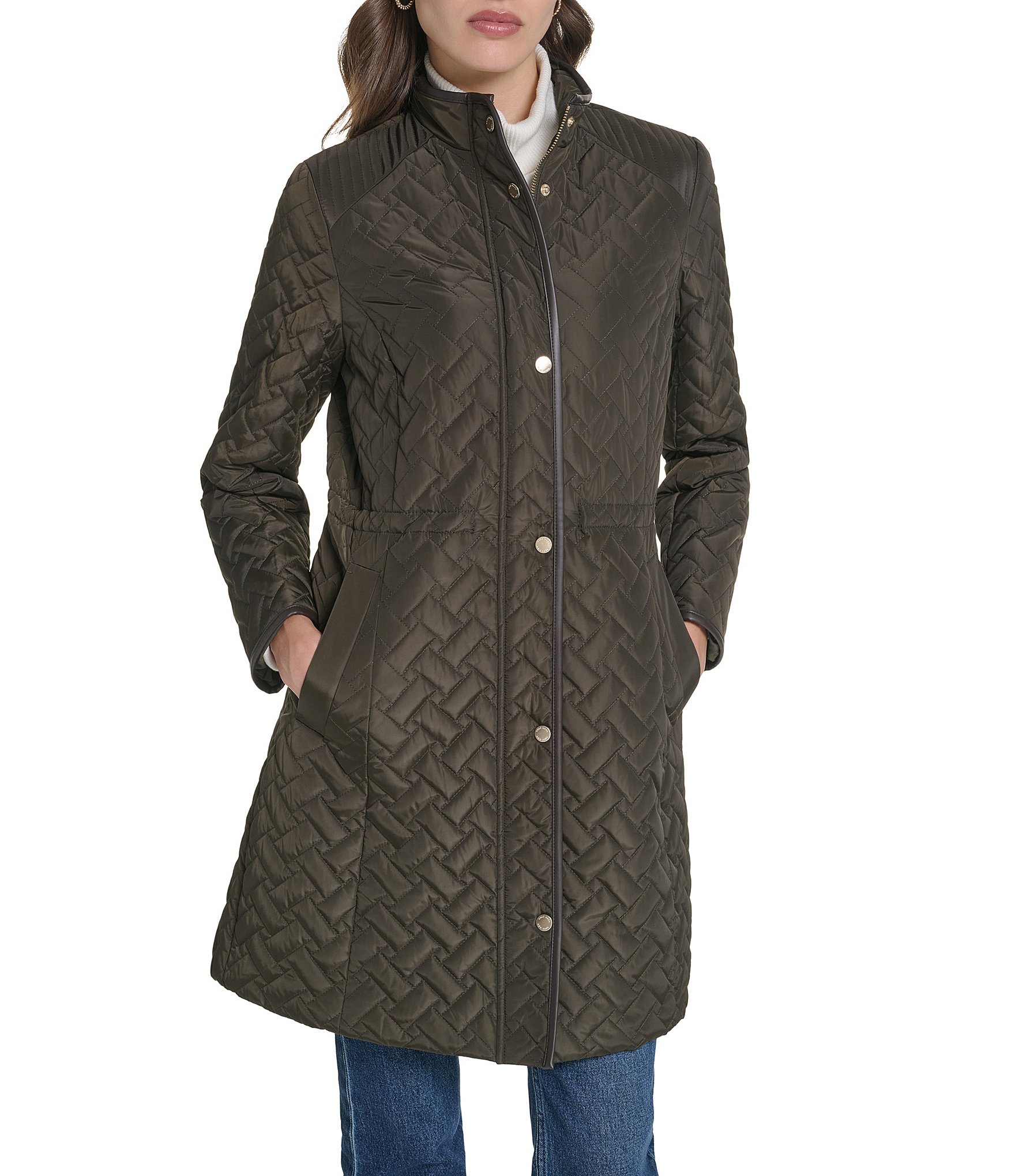 Cole Haan Signature Quilt Stand Collar Snap Front Single Breasted Coat