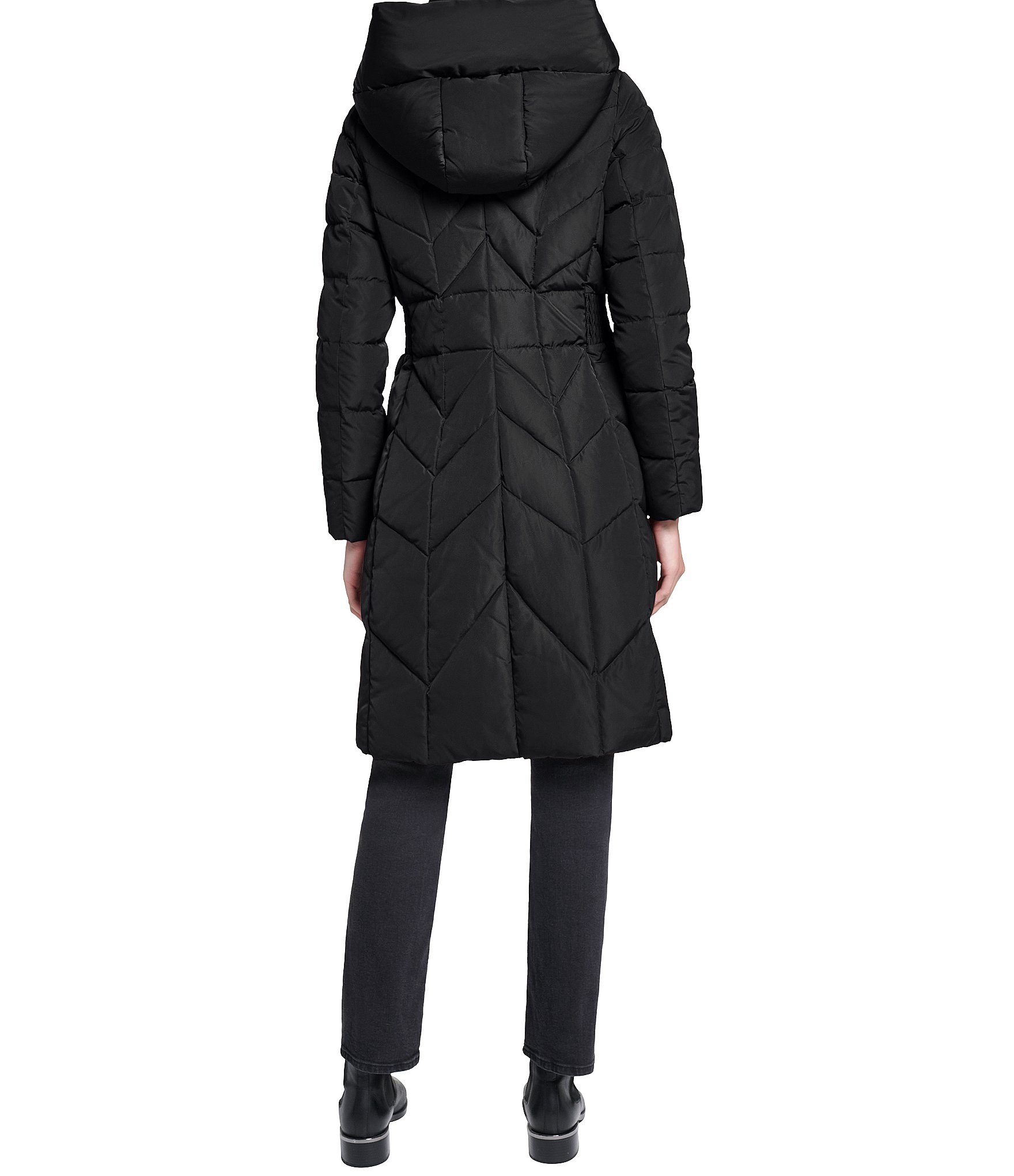 Cole Haan Taffeta Down Stand Collar Elastic Waist Inserts Snap Front Puffer